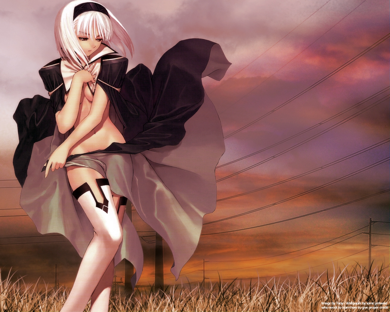 tony taka, blanc neige, sega, shining (series), shining tears, 1girl, armlet, blouse, blue gemstone, bob cut, breasts, breasts apart, cape, cleavage, covering breasts, covering privates, female focus, field, gem, hair between eyes, hairband, half-closed eyes, holding, holding unworn cape, holding unworn clothes, jewelry, legs together, medium breasts, midriff, navel, no panties, nude cover, open clothes, open shirt, outdoors, popped collar, power lines, red eyes, shirt, short hair, skirt, solo, standing, thighhighs, unworn cape, white hair, white thighhighs, wind, wind lift