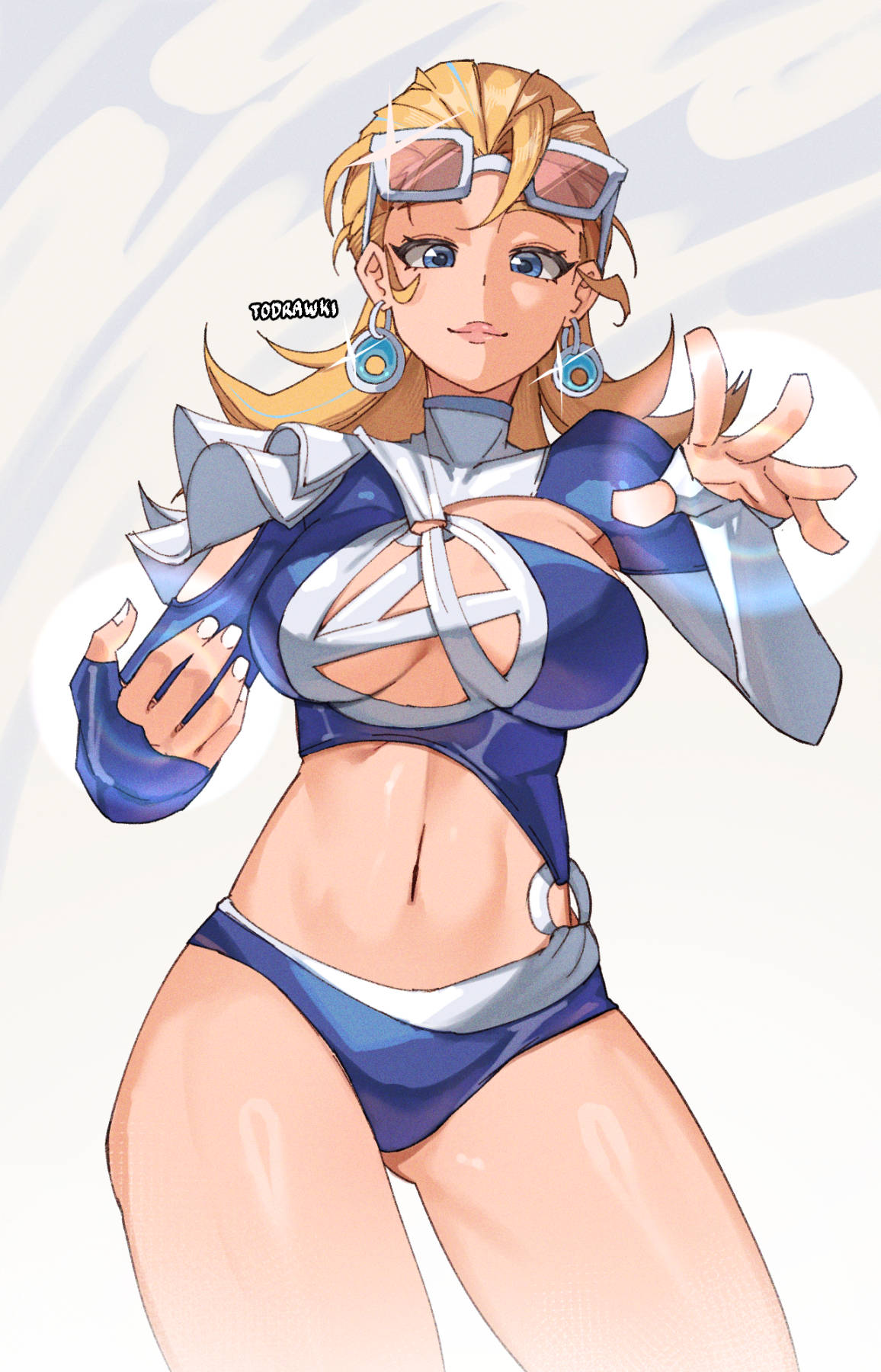 wokiiarts, sue storm, fantastic four, marvel, marvel rivals, highres, 1girl, belly, blonde hair, blue eyes, blush, breasts, cleavage, cleavage cutout, clothing cutout, earrings, highleg, highleg one-piece swimsuit, jewelry, large breasts, long hair, looking at viewer, navel, official alternate costume, one-piece swimsuit, simple background, smile, solo, sue storm (azure shade), sunglasses, swimsuit