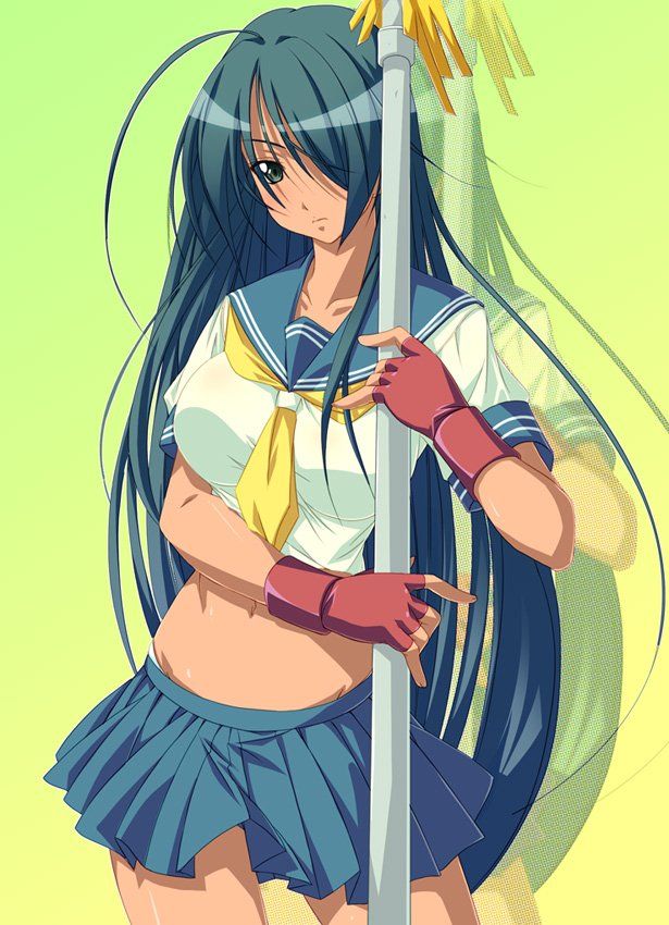 kan'u unchou, ikkitousen, tagme, 00s, 1girl, breasts, female focus, midriff, polearm, school uniform, serafuku, solo, weapon