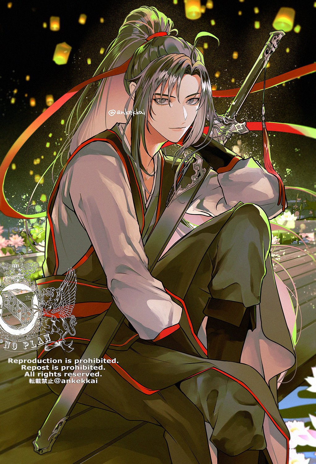 ankekkai, wei wuxian, modao zushi, highres, 1boy, adapted costume, ahoge, bishounen, black boots, black hair, black hanfu, black pants, black sash, boots, chinese clothes, closed mouth, flower, grey eyes, hair ribbon, hand on own face, hanfu, head rest, holding, holding sword, holding weapon, jian (weapon), knee up, lantern, lantern festival, long hair, long sleeves, looking at viewer, lotus, male focus, night, night sky, outdoors, pants, paper lantern, pier, pink flower, ponytail, red ribbon, red sash, ribbon, sash, sheath, sheathed, sidelocks, sitting, sky, sky lantern, smile, solo, suibian sword, sword, sword tassel, tassel, tunic, twitter username, water, watermark, weapon