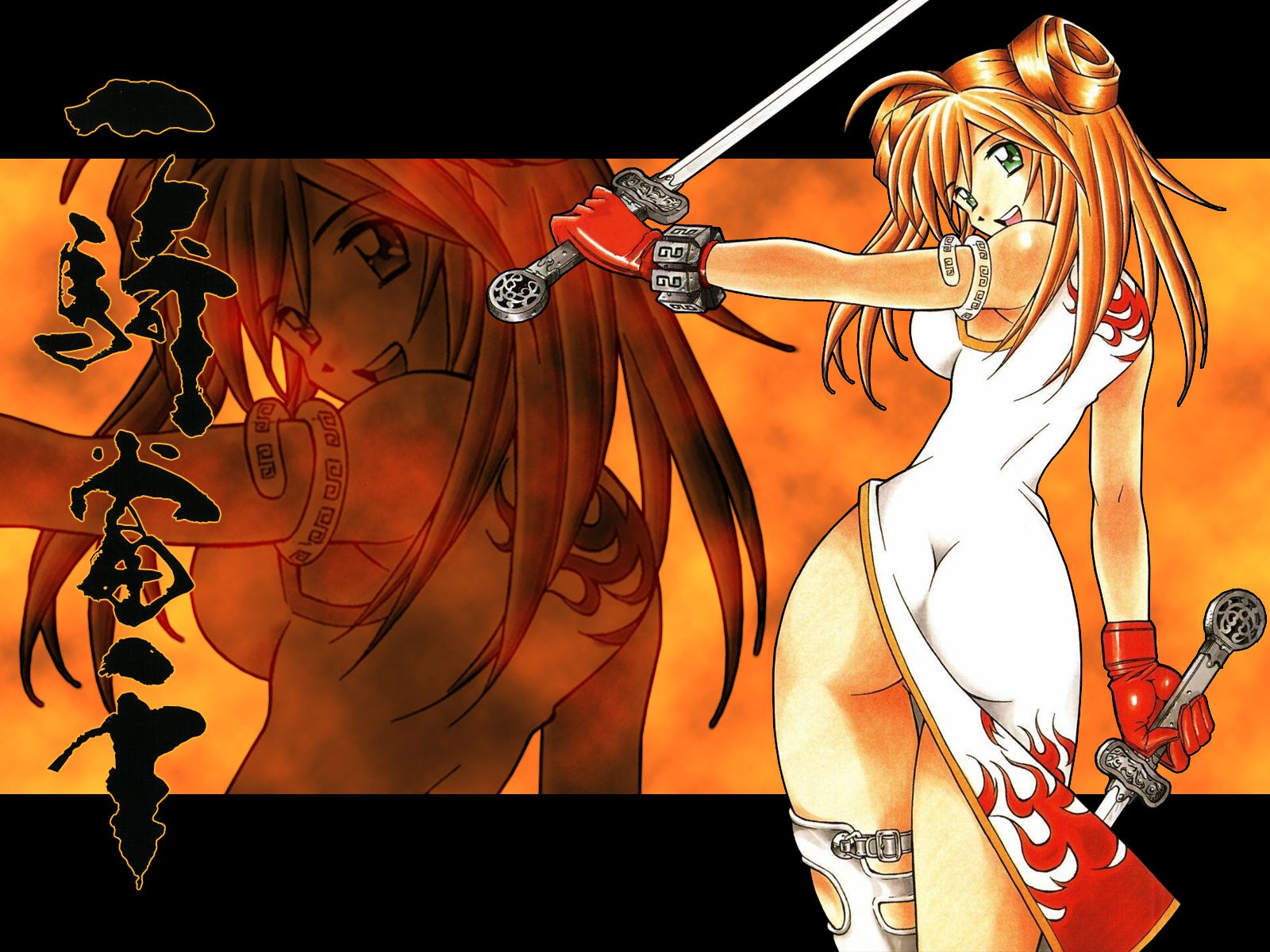 shiozaki yuji, sonsaku hakufu, ikkitousen, highres, tagme, 00s, china dress, chinese clothes, dress, green eyes, jian (weapon), orange hair, sword, weapon