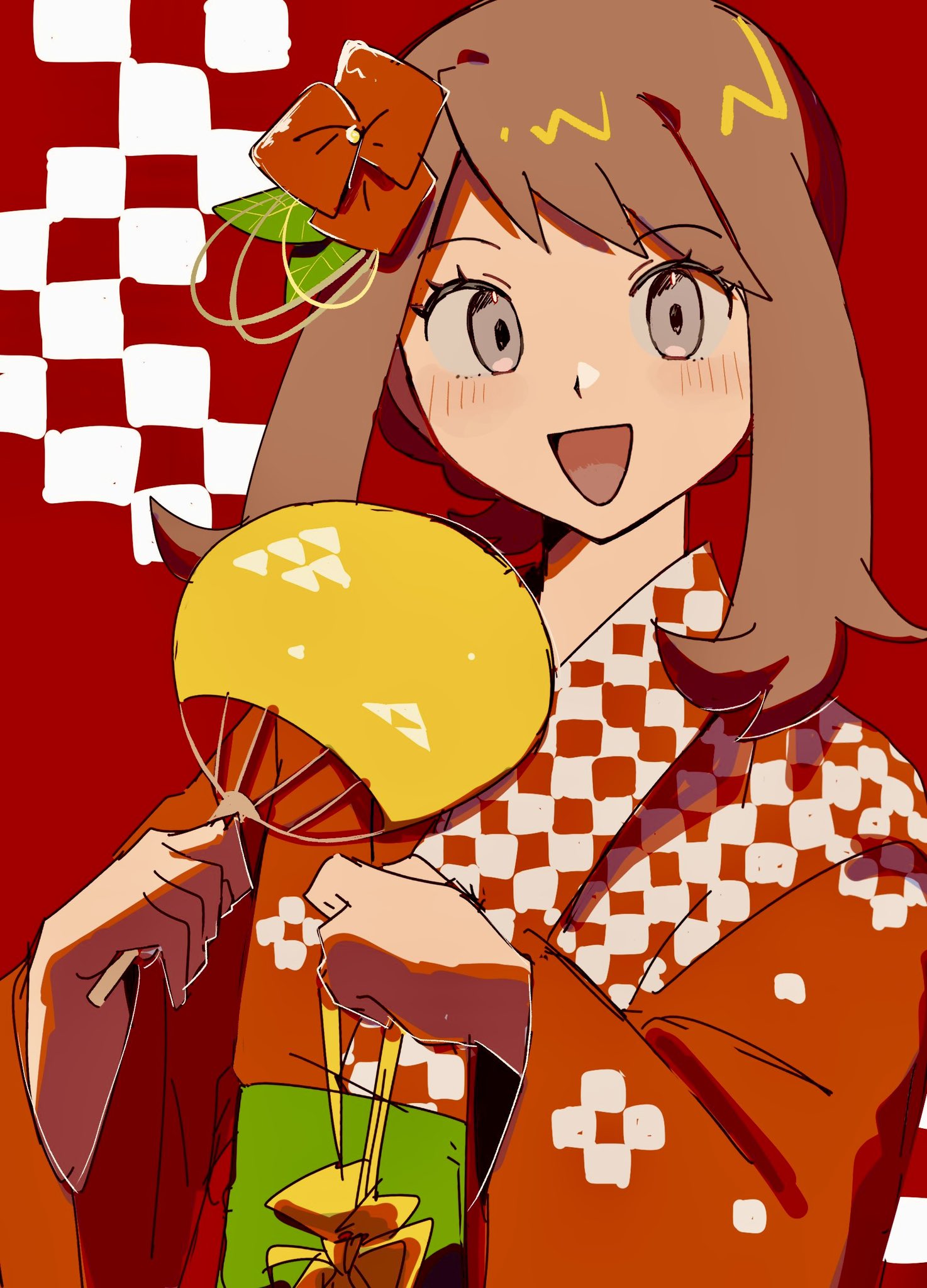 tnm ilu, may (pokemon), nintendo, pokemon, pokemon oras, highres, 1girl, alternate costume, blush, brown hair, flower ornament, grey background, hair ornament, hand fan, holding, japanese clothes, kimono, open mouth, red background, red kimono, sash, solo