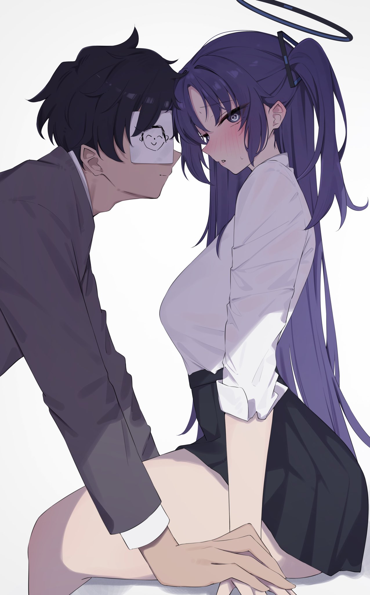nenight, doodle sensei (blue archive), sensei (blue archive), yuuka (blue archive), blue archive, commentary, highres, 1boy, 1girl, @ @, ass, black halo, blush, halo, mechanical halo, purple hair, simple background, skirt, thighs, white background