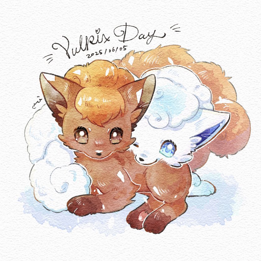 miketoevecan, alolan vulpix, vulpix, nintendo, pokemon, check commentary, commentary request, traditional media, alolan form, animal focus, blue eyes, brown eyes, dated, fox, gen 1 pokemon, gen 7 pokemon, lying, no humans, one eye closed, pokemon (creature), pokemon focus, simple background