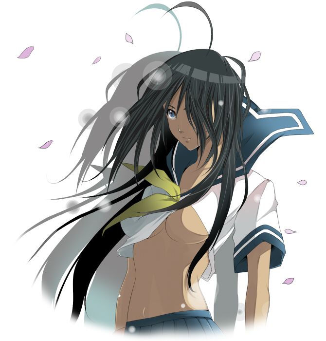 kan'u unchou, ikkitousen, tagme, 00s, 1girl, breasts, female focus, midriff, school uniform, serafuku, solo, underboob