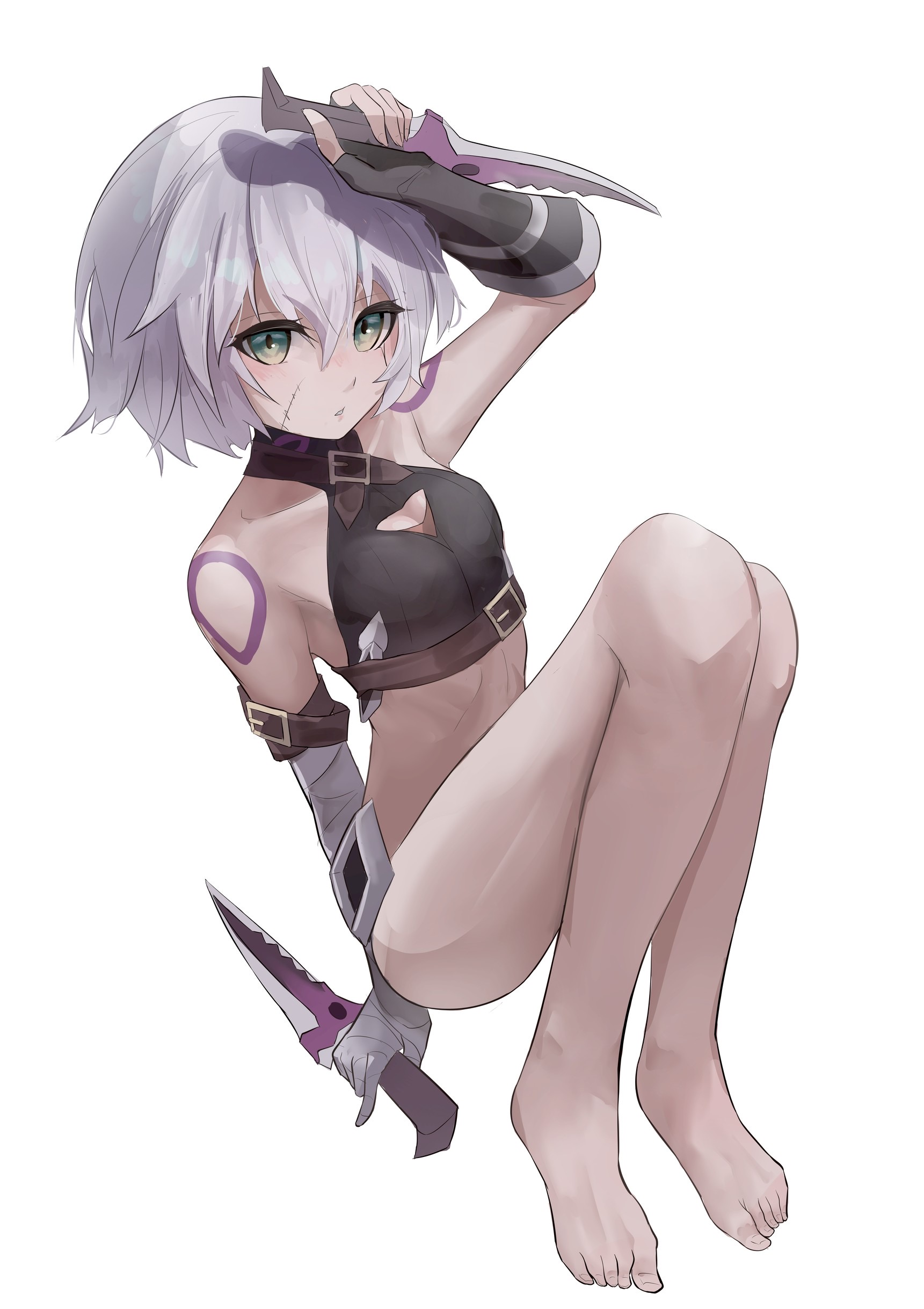jack the ripper (fate/apocrypha), fate/apocrypha, fate/grand order, fate (series), absurdres, highres, 1girl, arm belt, arm strap, arm up, bandaged arm, bandages, bare legs, bare shoulders, barefoot, black gloves, breasts, chest belt, cleavage cutout, clothing cutout, collarbone, crop top, double-parted bangs, dual wielding, fingerless gloves, gloves, green eyes, grey hair, hair between eyes, halterneck, holding, holding knife, knees up, knife, maria the ripper, multiple scars, parted lips, scar, scar across eye, scar on face, short hair, shoulder tattoo, simple background, single fingerless glove, sitting, sleeveless, small breasts, solo, stitches, tattoo, white background, zasyuu 11