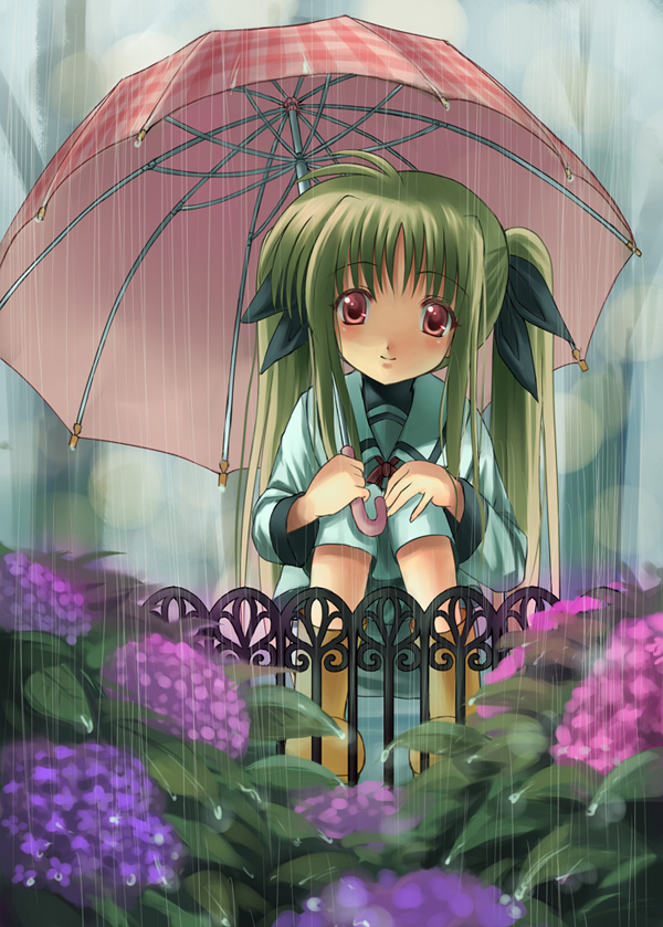 kitiroku, fate testarossa, lyrical nanoha, mahou shoujo lyrical nanoha, 00s, blonde hair, flower, hydrangea, long hair, rain, red eyes, school uniform, serafuku, solo, squatting, twintails, umbrella