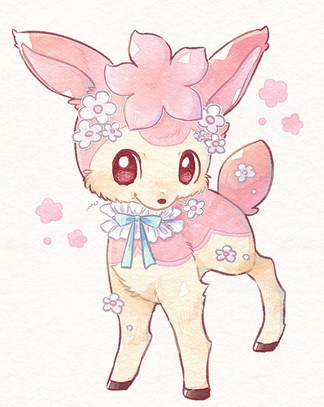 miketoevecan, deerling, nintendo, pokemon, commentary request, highres, traditional media, animal focus, blush, bow, deer, flower, frills, full body, gen 5 pokemon, mouth hold, no humans, pink eyes, pokemon (creature), pokemon focus, solo