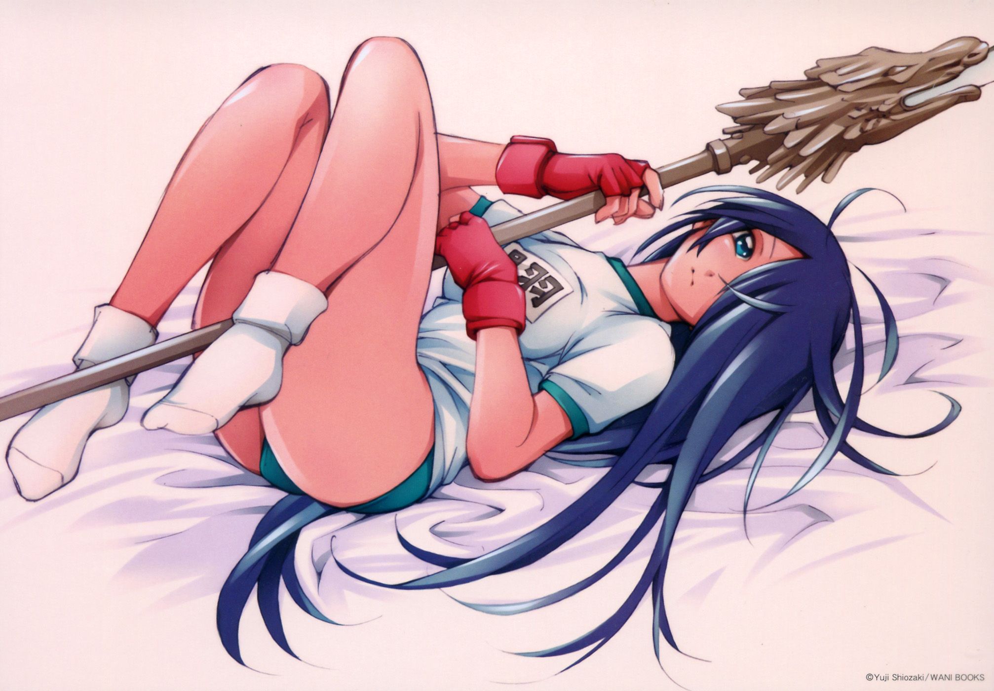 shiozaki yuji, kan'u unchou, ikkitousen, highres, tagme, 00s, 1girl, ass, blue eyes, female focus, gym uniform, polearm, purple hair, solo, weapon