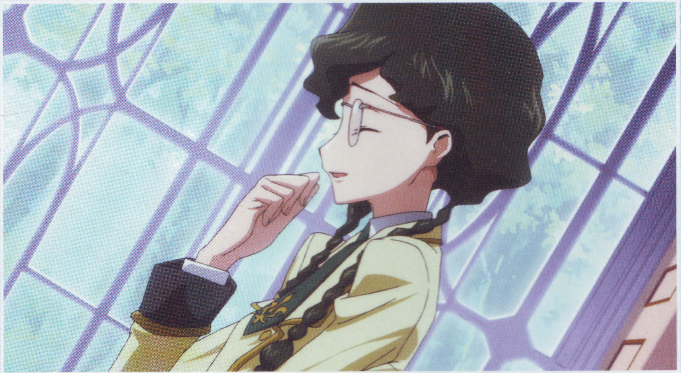 nina einstein, code geass, code geass: lost colors, highres, scan, 00s, black hair, braid, closed eyes, glasses, long hair, school uniform, serafuku, smile, solo, twin braids