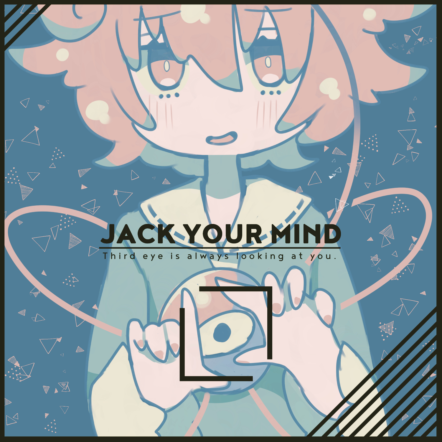 culotte (hosenrock), komeiji satori, touhou, commentary request, highres, mixed-language commentary, partial commentary, 1girl, black border, blue background, blue shirt, blurry, border, close-up, collar, english text, finger frame over eye, hair between eyes, light blush, light smile, long sleeves, looking at viewer, messy hair, open mouth, pink eyes, pink hair, raised inner eyebrows, ribbon-trimmed collar, ribbon trim, shirt, short hair, solo, third eye, triangle, upper body, viewfinder, white collar