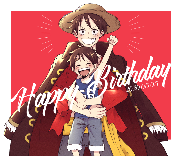 yu si02, monkey d. luffy, one piece, 1boy, ^ ^, aged down, arm up, bandaid, bandaid on face, black hair, blue shorts, blue tank top, closed eyes, coat, coat on shoulders, dated, happy birthday, hat, male focus, red background, red shirt, sash, scar, scar on face, shirt, shorts, smile, straw hat, tank top, yellow sash