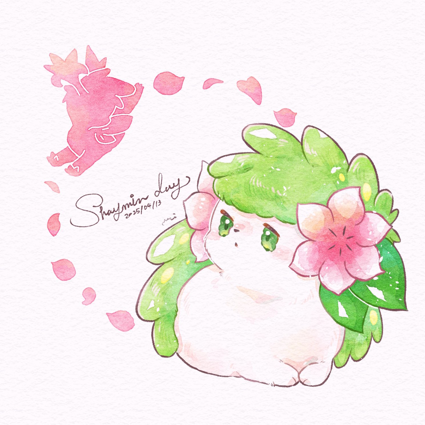 miketoevecan, shaymin, shaymin (land), shaymin (sky), nintendo, pokemon, highres, traditional media, animal focus, blush, dated, gen 4 pokemon, green eyes, hedgehog, legendary pokemon, lying, mythical pokemon, no humans, petals, pokemon (creature), pokemon focus