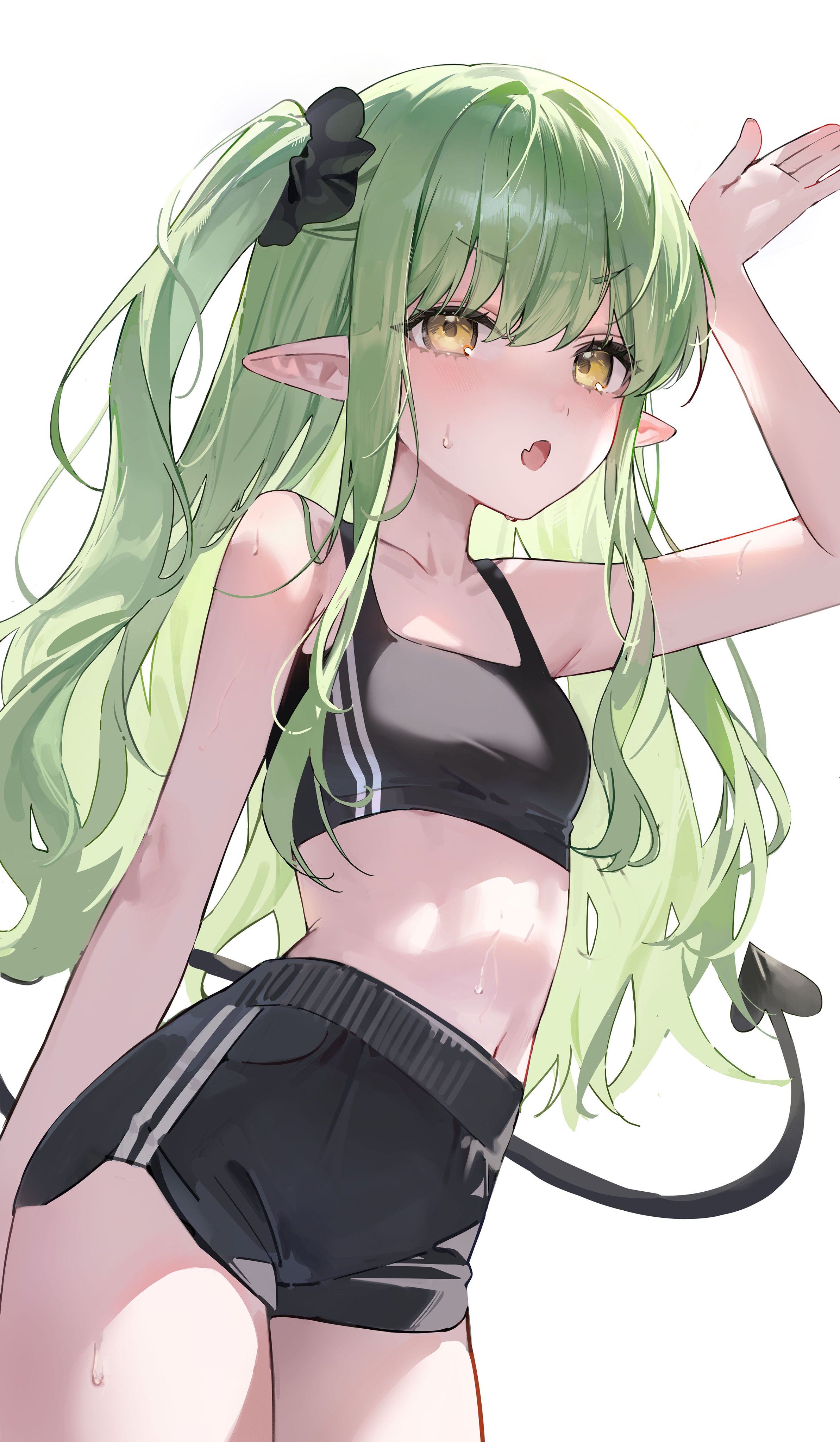 knowa, hikari (blue archive), blue archive, absurdres, commentary, highres, 1girl, :o, arm up, bare arms, bare shoulders, black scrunchie, black shorts, black sports bra, blush, collarbone, cowboy shot, demon tail, fang, green hair, hair ornament, hair scrunchie, long hair, midriff, navel, open mouth, pointy ears, scrunchie, shorts, simple background, skin fang, solo, sports bra, sweat, tail, white background, yellow eyes