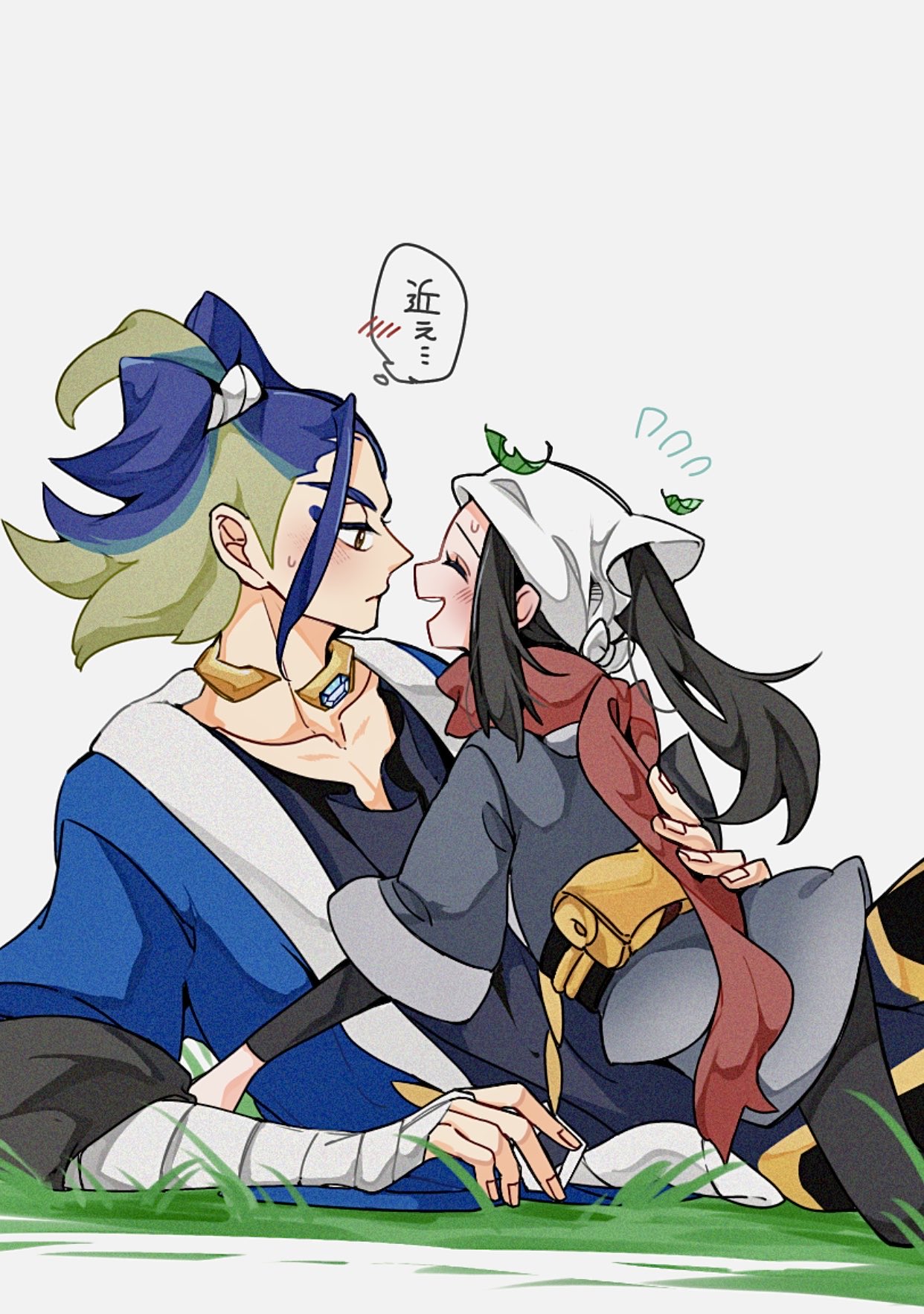 cocoa s3, adaman (pokemon), akari (pokemon), nintendo, pokemon, pokemon legends: arceus, highres, 1boy, 1girl, arm wrap, black hair, black sash, blonde hair, blue coat, blue hair, blush, brown eyes, closed eyes, closed mouth, coat, diamond clan outfit, eyelashes, galaxy expedition team survey corps uniform, grass, green hair, hand wraps, headscarf, jacket, jewelry, leaf, long hair, looking at another, multicolored hair, neck ring, open mouth, pantyhose, ponytail, red scarf, sash, scarf, shirt, sidelocks, smile, white headscarf
