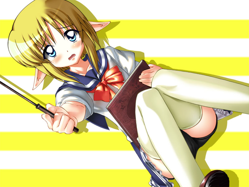 sazanami (artist), nekomiya nono, tiffania westwood, yotsunoha, zero no tsukaima, bad id, bad pixiv id, 1girl, blonde hair, blue eyes, blush, book, child, cosplay, elf, female focus, pointy ears, school uniform, serafuku, short hair, short shorts, shorts, simple background, solo, thighhighs, wand, white thighhighs, zettai ryouiki