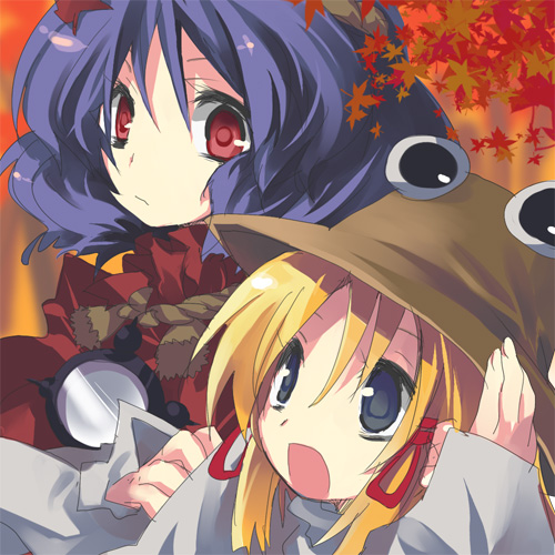 hanepochi, moriya suwako, yasaka kanako, touhou, bad id, bad pixiv id, lowres, 2girls, blonde hair, female focus, hat, leaf, multiple girls, nature, plant, purple hair, ribbon, rope, short hair, upper body