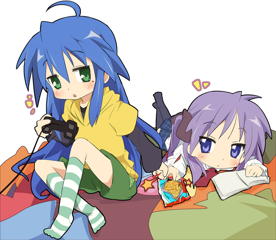 ixy, hiiragi kagami, izumi konata, lucky star, 00s, 2girls, ^^^, ahoge, blue eyes, blue hair, blush, book, cable, controller, full body, game controller, green eyes, holding, looking at viewer, lying, mole, mole under eye, multiple girls, on stomach, open book, pillow, playing games, reading, sidelocks, video game