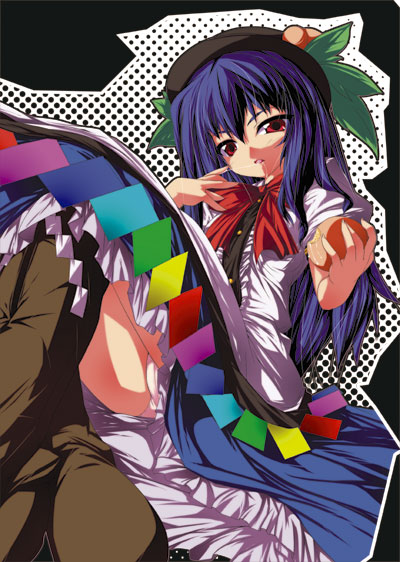 akatsuki shimeji, hinanawi tenshi, touhou, bad id, bad pixiv id, 1girl, blue hair, female focus, food, fruit, hat, long hair, panties, peach, pink panties, ribbon, solo, underwear