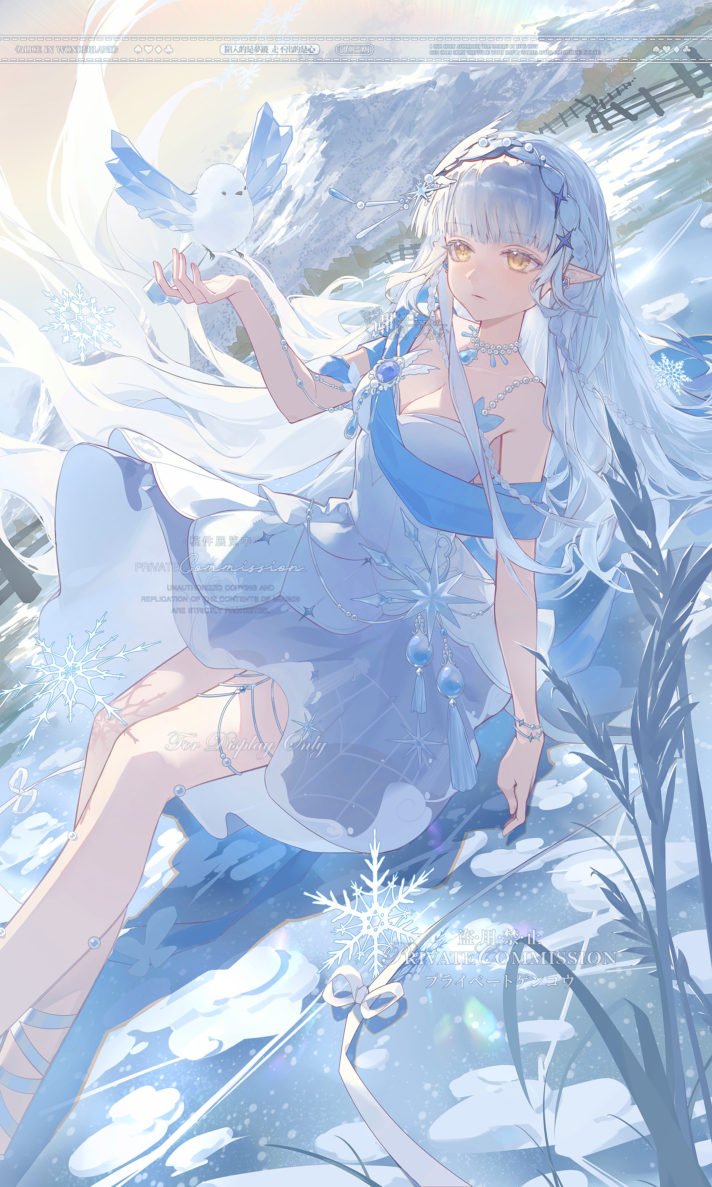 kuruma1892, original, absurdres, commission, hashtag-only commentary, highres, 1girl, arm up, bird, braid, breasts, cleavage, closed mouth, crown braid, day, dress, earrings, feet out of frame, gem, hair ornament, ice, jewelry, large breasts, legs, long hair, looking at animal, mountain, outdoors, pointy ears, single bare shoulder, sleeveless, sleeveless dress, snowflakes, solo, thighs, very long hair, white dress, winter, yellow eyes