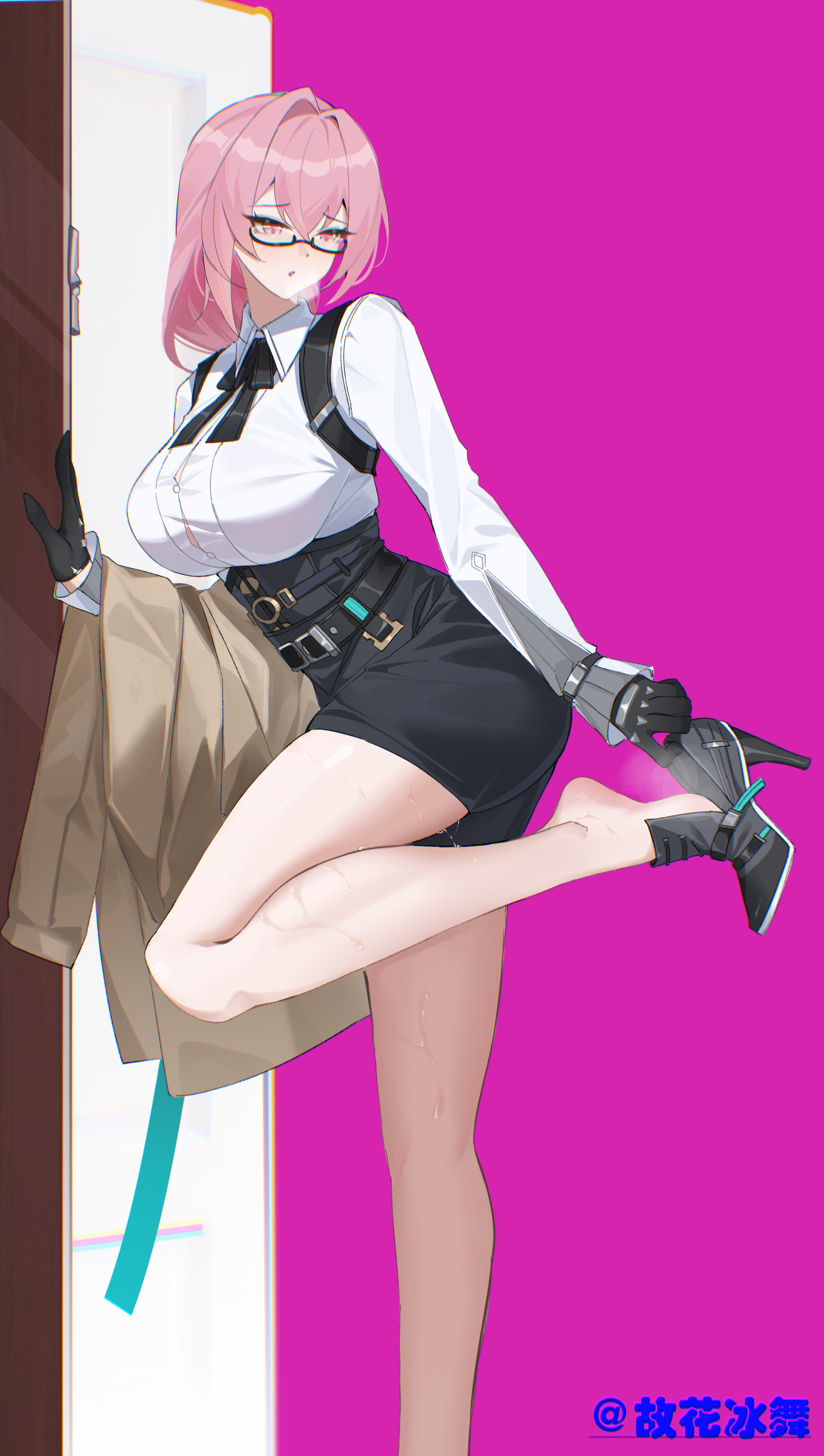guhuabingwu, tsukishiro yanagi, zenless zone zero, absurdres, highres, 1girl, feet, glasses, long hair, parted lips, pink eyes, pink hair, shoes, soles, steam, sweat, unworn shoes