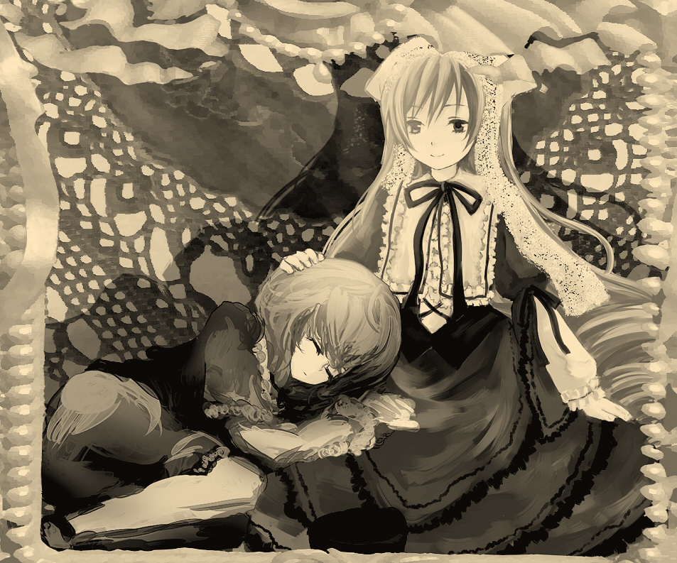 yoshioka yoshiko, souseiseki, suiseiseki, rozen maiden, 00s, 2girls, closed eyes, lap pillow, monochrome, multiple girls, sepia, siblings, sisters, sleeping, twins