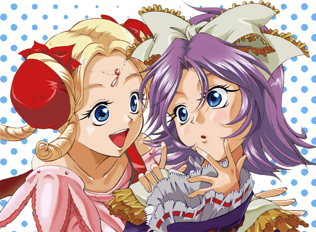 furuya masashi, latune subbota, shine hausen, banpresto, super robot wars, super robot wars original generation, bad id, bad pixiv id, 2girls, blonde hair, blue eyes, bun cover, double bun, frills, hair bun, hair ribbon, multiple girls, open mouth, purple hair, ribbon