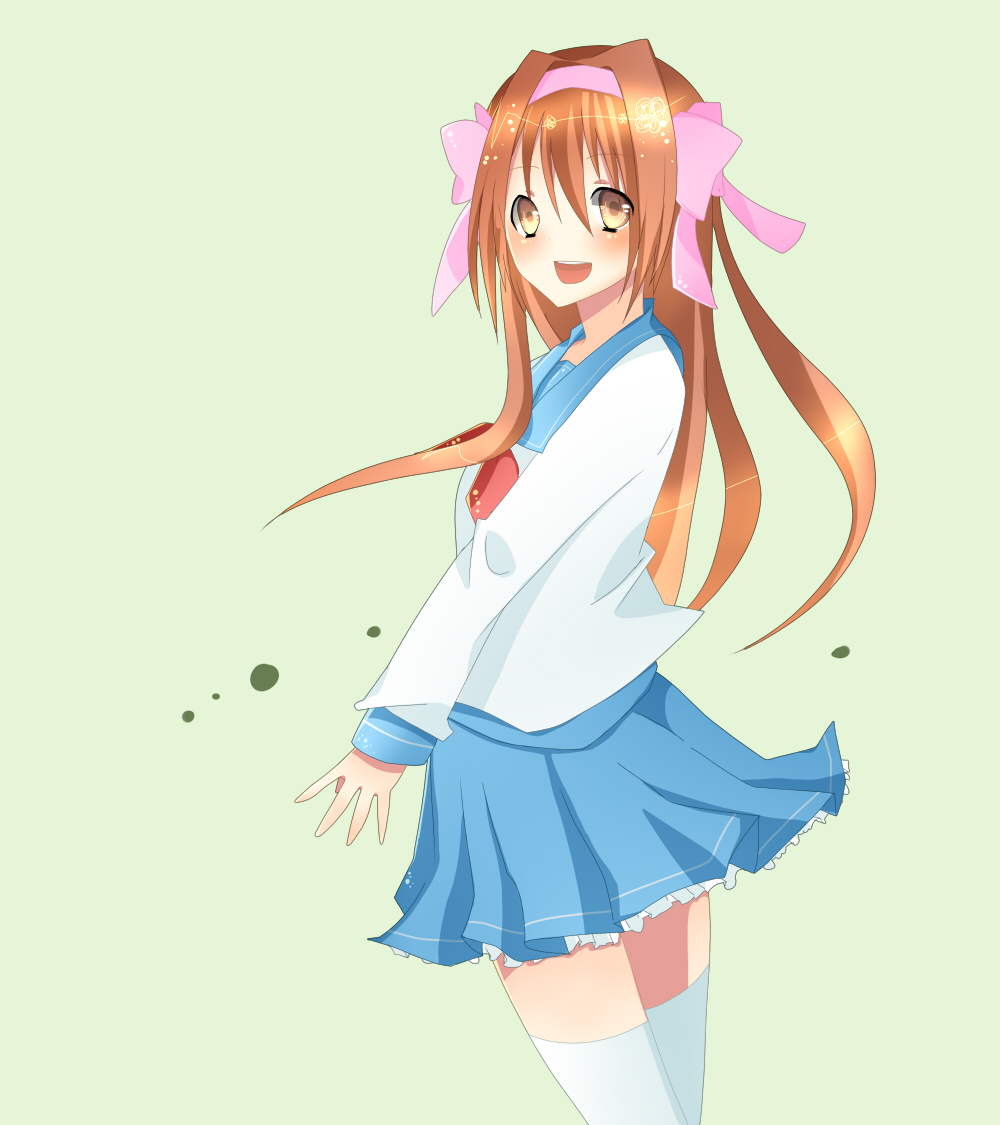 yuuutsu kamo, bad id, bad pixiv id, long hair, orange eyes, orange hair, ribbon, school uniform, serafuku, solo, thighhighs, zettai ryouiki