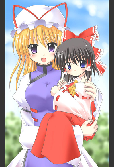 exe (artist), xe (execut3r), hakurei reimu, yakumo yukari, touhou, 2girls, aged down, carrying, female focus, multiple girls