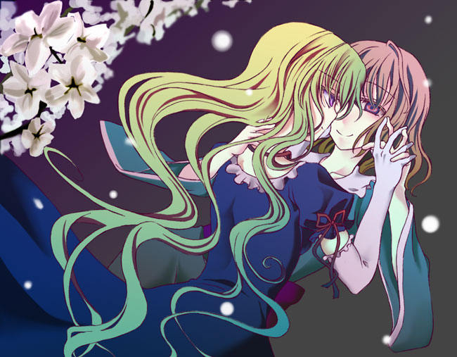 izana, izana minagi, saigyouji yuyuko, yakumo yukari, touhou, 2girls, animal, blonde hair, bug, female focus, fireflies, flower, holding, long hair, looking at viewer, multiple girls, pink hair, red eyes, short hair, very long hair, wavy hair, yuri