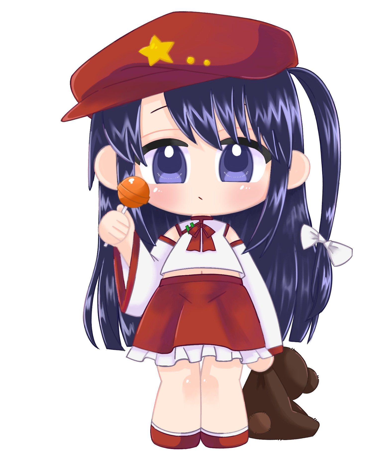 hmr rk, label girl (dipp), dolls in pseudo paradise, touhou, commentary request, highres, 1girl, bare shoulders, candy, closed mouth, detached sleeves, flats, food, frilled skirt, frills, hat, hat ornament, lollipop, long sleeves, midriff peek, navel, neck ribbon, newsboy cap, purple eyes, purple hair, red hat, red ribbon, red shoes, red skirt, ribbon, shirt, shoes, skirt, solo, star (symbol), star hat ornament, stuffed animal, stuffed toy, teddy bear, white shirt, white sleeves, wide sleeves