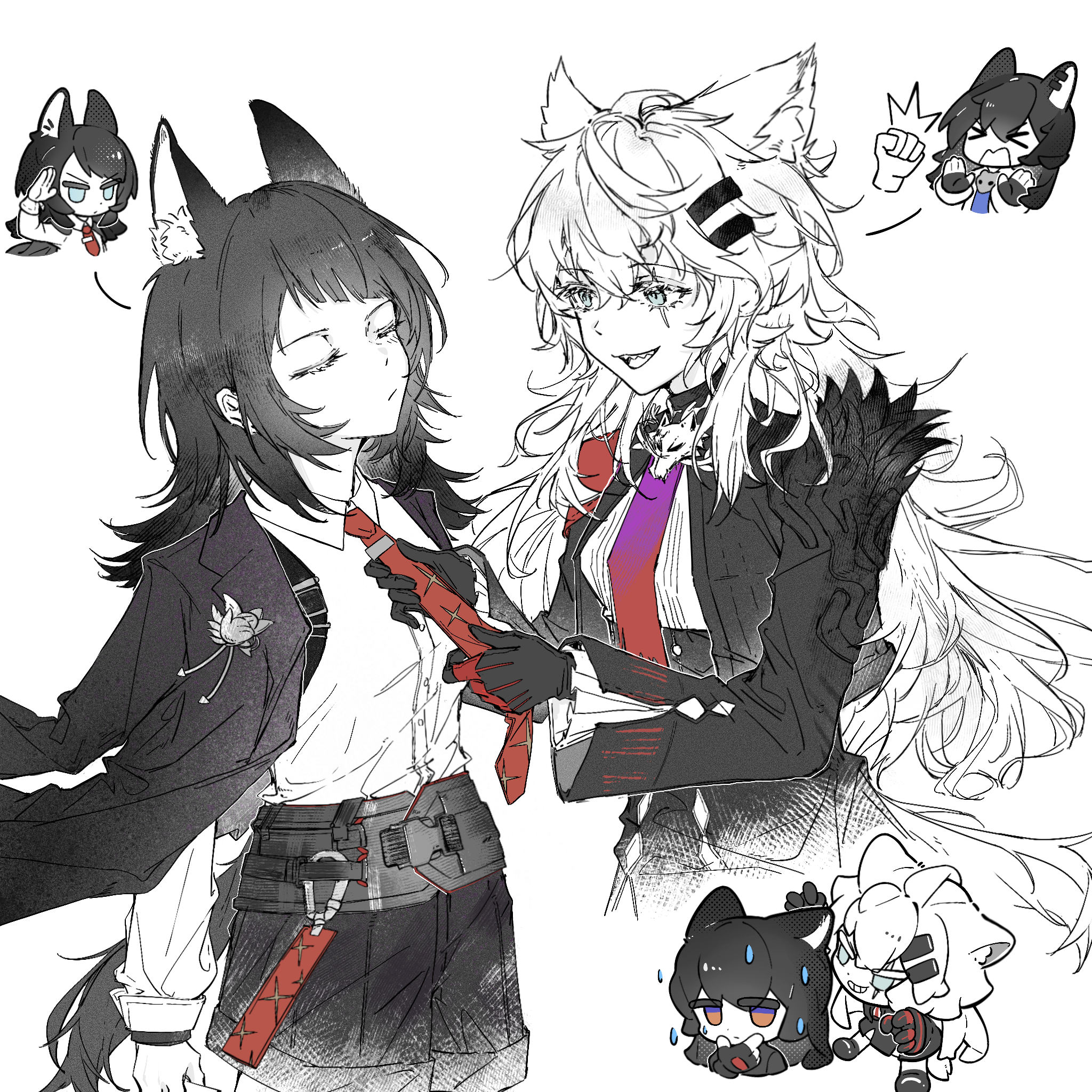 lappland (arknights), lappland the decadenza (arknights), yahata umiri, yahata umiri (moonlight executioner), arknights, bang dream!, bang dream! it's mygo!!!!!, chinese commentary, commentary request, highres, > <, 3girls, adjusting another's clothes, adjusting clothes, adjusting necktie, animal ear fluff, animal ears, black gloves, black hair, black jacket, black shorts, blue eyes, chibi, closed eyes, closed mouth, collared shirt, crossover, dianzi xiaoxiong, gloves, gradient necktie, hair between eyes, hair ornament, hairclip, jacket, jacket on shoulders, long hair, long sleeves, looking at another, medium hair, multiple girls, necktie, open mouth, red necktie, scar, scar across eye, scar on face, shirt, shorts, smile, white background, white shirt, wolf ears, wolf girl