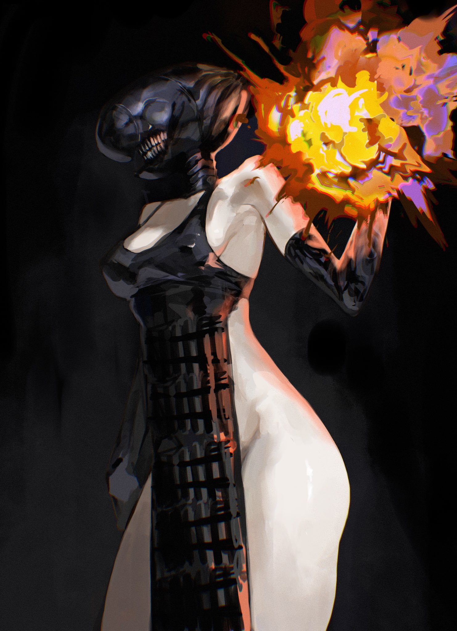 raberu ruru, bomb devil (chainsaw man), chainsaw man, commentary, highres, 1girl, apron, black apron, black background, black bra, black gloves, bra, breasts, clenched teeth, elbow gloves, explosion, explosive, gloves, medium breasts, no panties, simple background, solo, standing, teeth, thighs, underwear