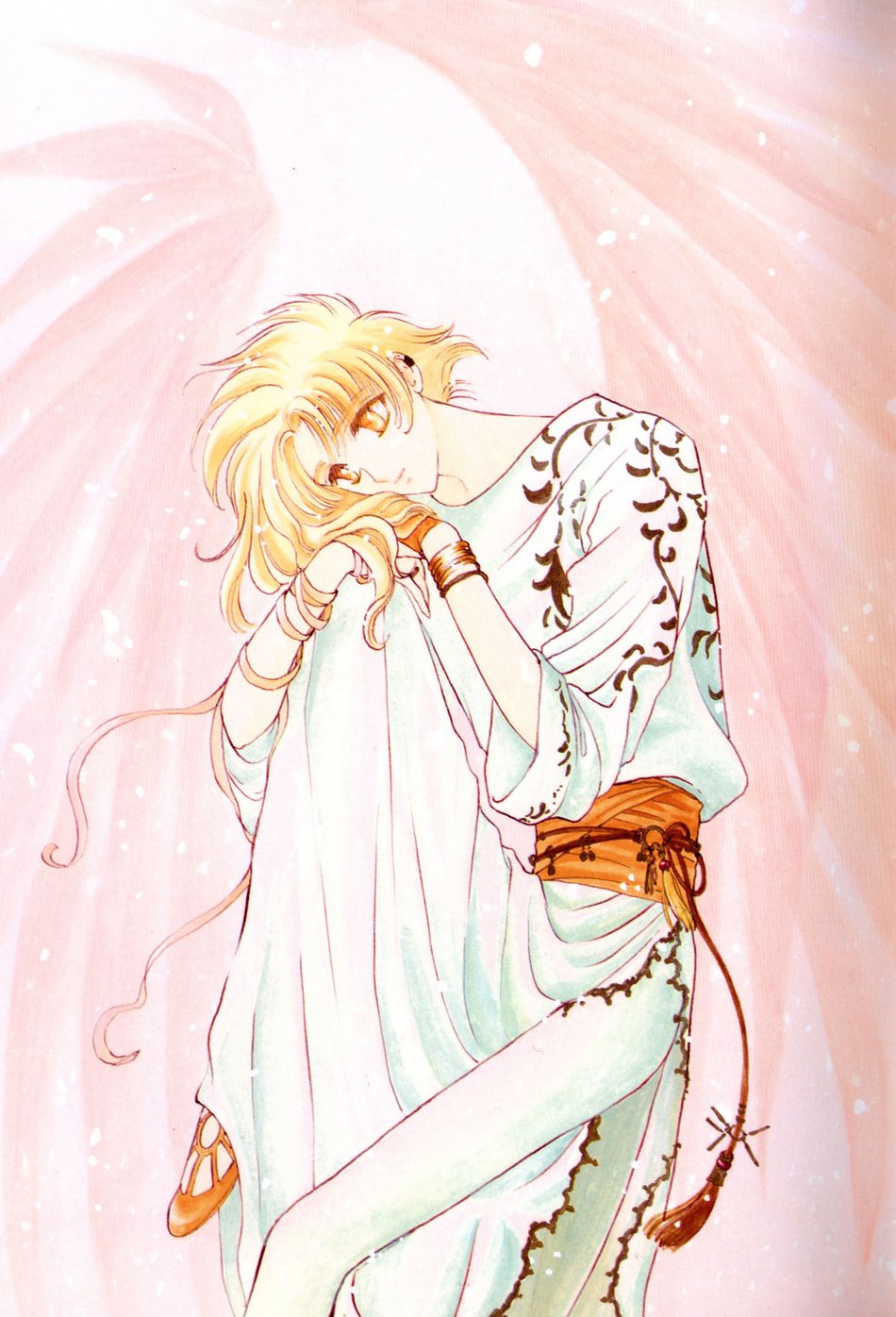 clamp, kohaku (wish), wish, highres, 1other, ambiguous gender, androgynous, angel, blonde hair, bracelet, jewelry, wings, yellow eyes