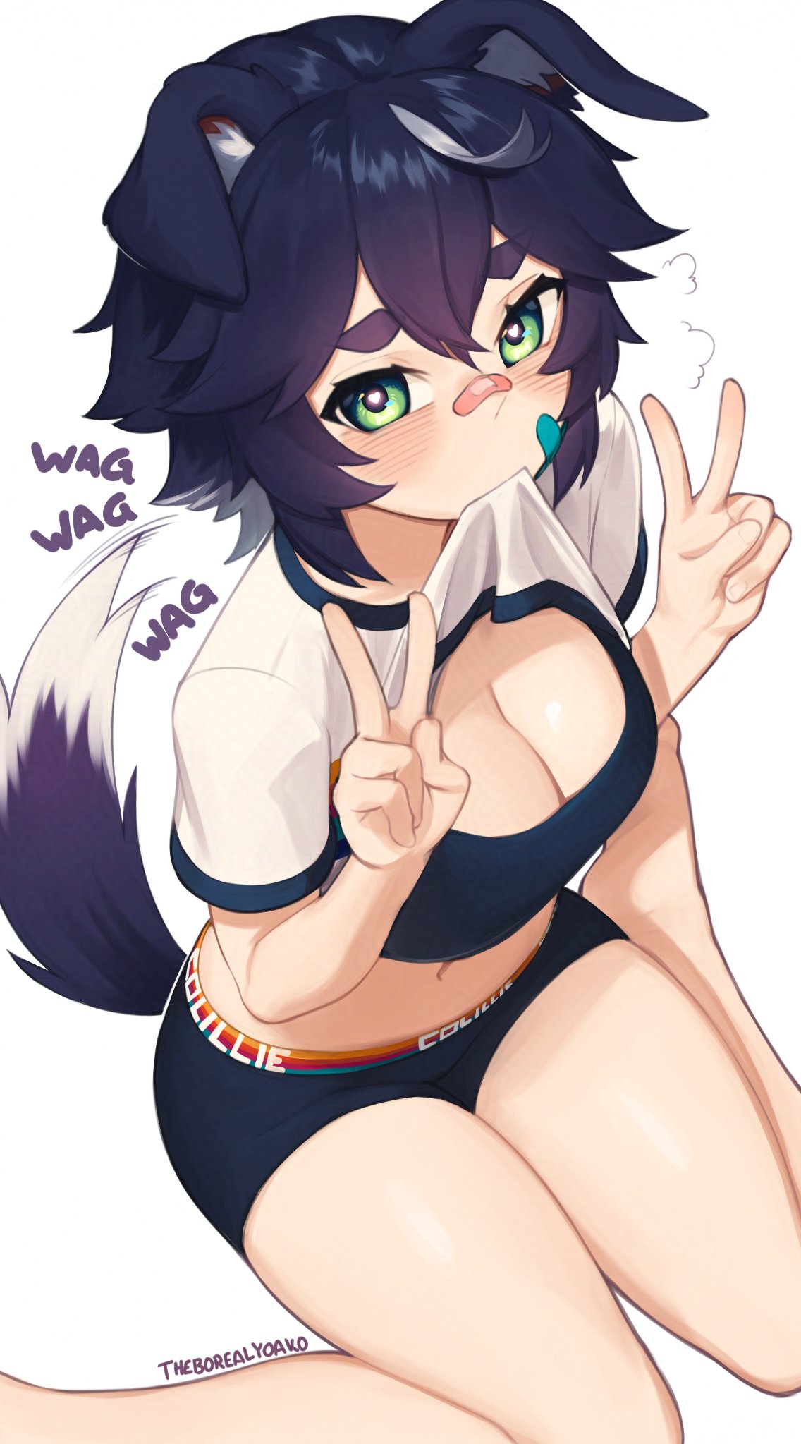 yoako, original, highres, 1girl, animal ears, bandaid, bandaid on face, bandaid on nose, breasts, cleavage, clothes lift, dog ears, dog girl, dog tail, large breasts, looking at viewer, mouth hold, navel, shirt lift, shorts, simple background, solo, tail, white background