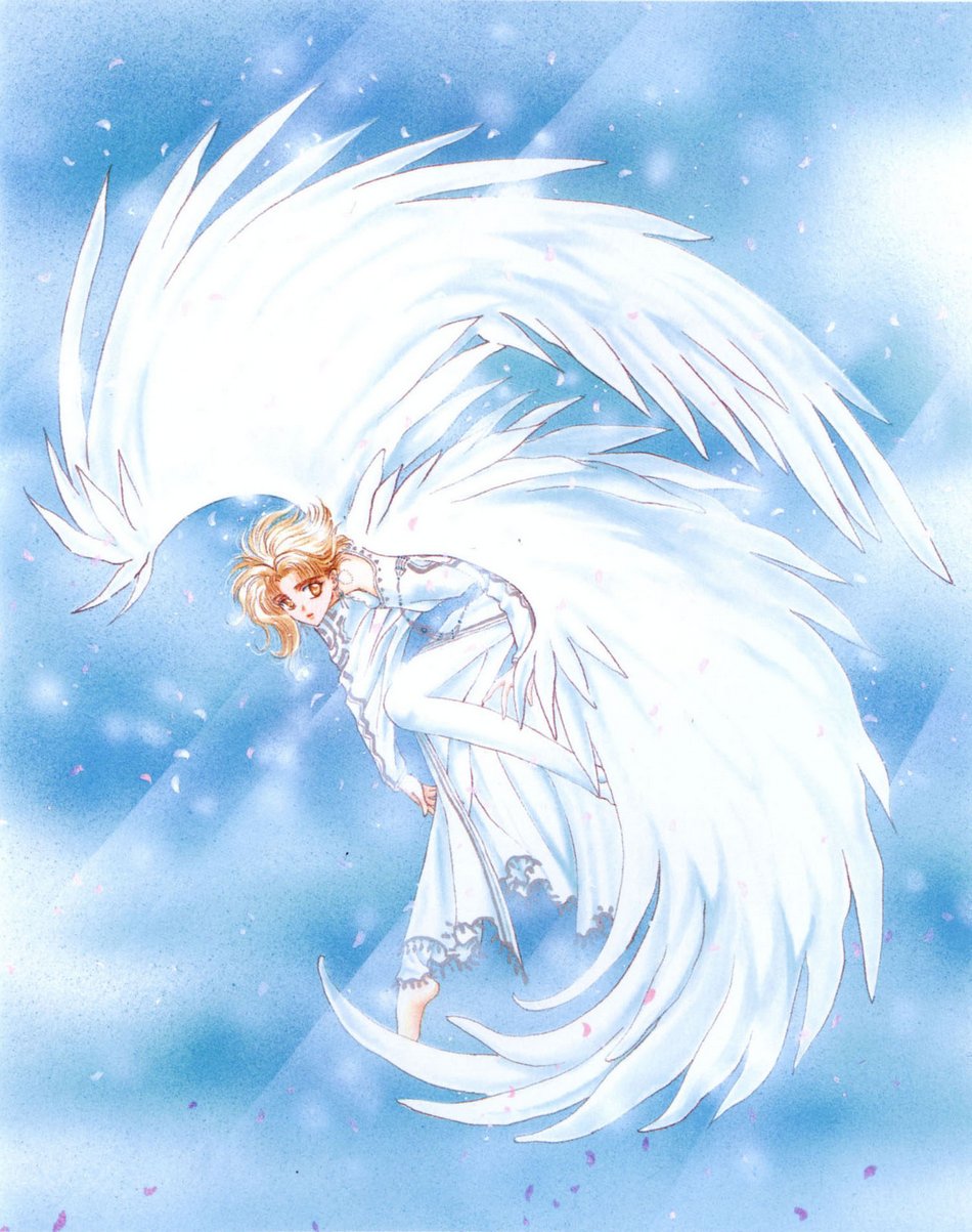 clamp, kohaku (wish), wish, highres, 1other, ambiguous gender, androgynous, angel, barefoot, blonde hair, full body, short hair, wings, yellow eyes