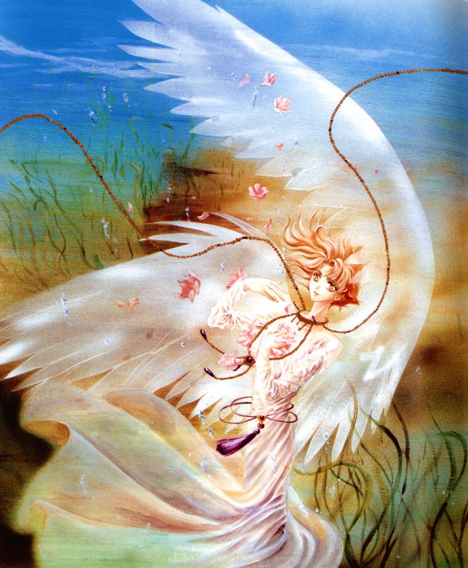 clamp, kohaku (wish), wish, 1other, ambiguous gender, androgynous, angel, blonde hair, flower, jewelry, looking at viewer, necklace, short hair, wind, wings