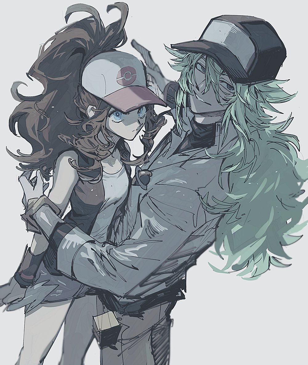 ssamesum, hilda (pokemon), n (pokemon), nintendo, pokemon, pokemon bw, 1boy, 1girl, baseball cap, blue eyes, brown hair, collared shirt, denim, denim shorts, green hair, hair between eyes, hat, high ponytail, long hair, ponytail, shirt, shorts, sidelocks, smile, vest, white background, white shirt, wristband