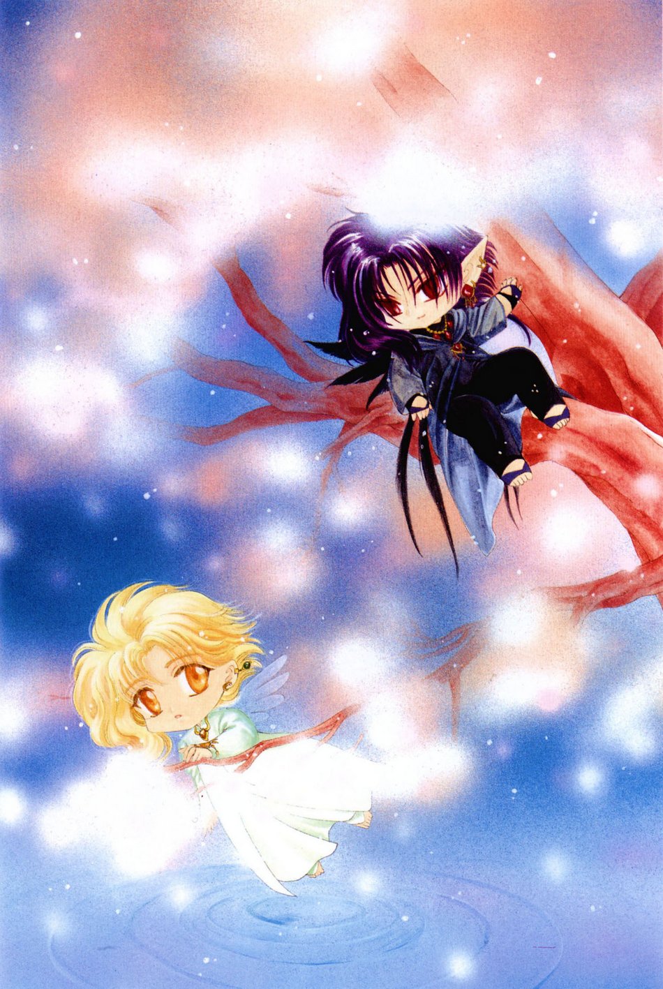 clamp, kohaku (wish), kouryuu (wish), wish, highres, 1boy, 1other, ambiguous gender, androgynous, blonde hair, chibi, earrings, jewelry, necklace, pointy ears, purple hair, short hair, tree, wings, yellow eyes