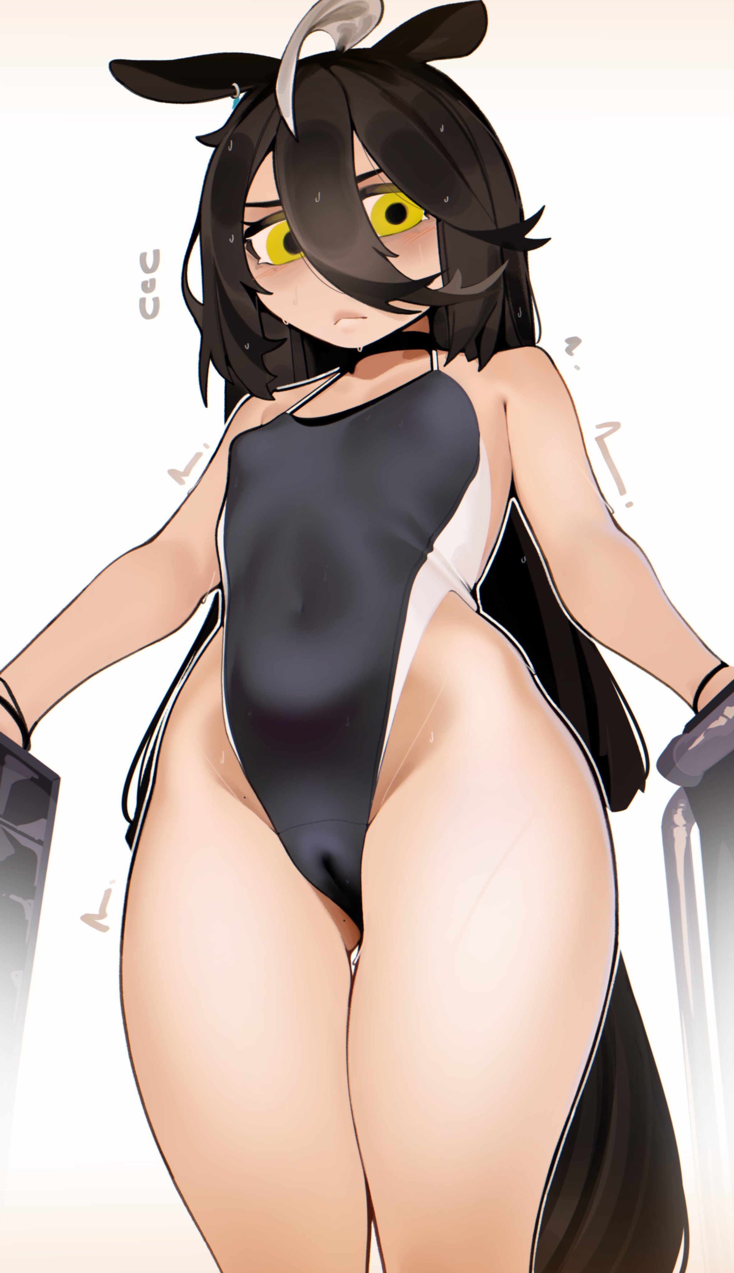 naxius noxy, manhattan cafe (umamusume), umamusume, absurdres, commentary, highres, 1girl, ahoge, animal ears, bare arms, black hair, black one-piece swimsuit, cameltoe, closed mouth, covered navel, cowboy shot, hair between eyes, horse ears, horse girl, horse tail, long hair, looking at viewer, one-piece swimsuit, solo, swimsuit, tail, yellow eyes
