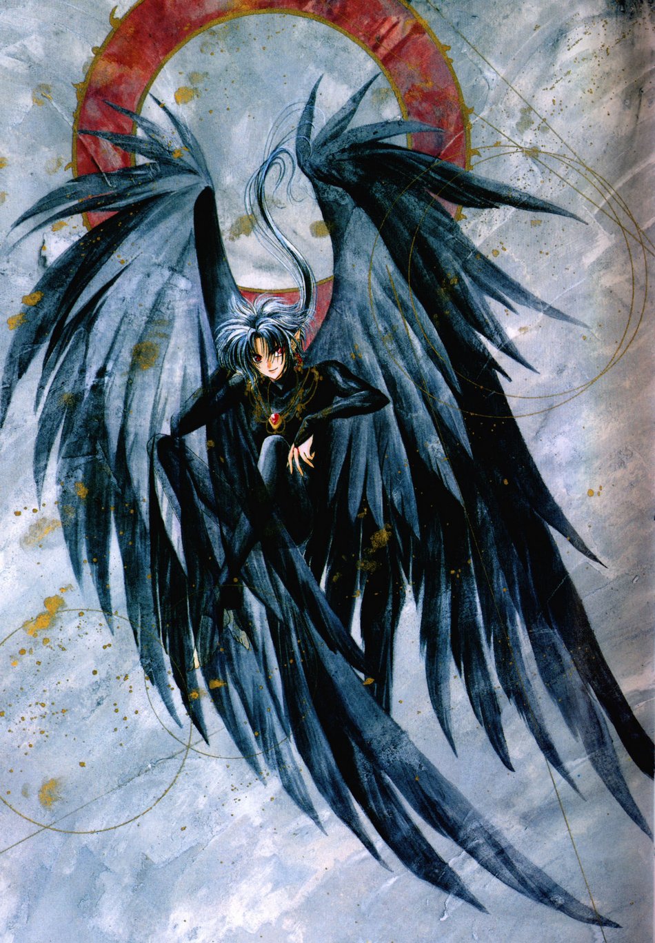 clamp, kouryuu (wish), wish, highres, official art, 1boy, jewelry, male focus, necklace, pointy ears, solo, wings
