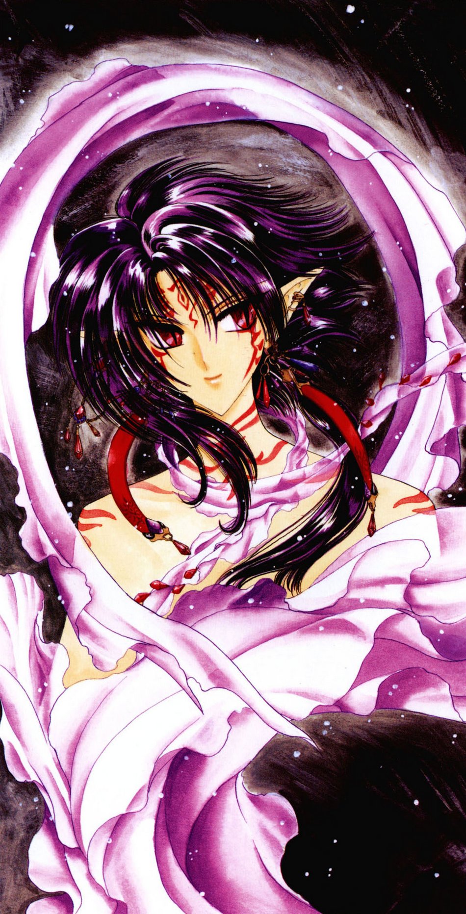 clamp, kouryuu (wish), wish, highres, official art, tagme, 1boy, bare shoulders, earrings, facial mark, forehead mark, jewelry, male focus, pointy ears, purple hair, red eyes, solo, upper body