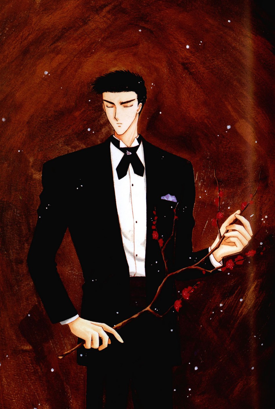 clamp, kudou shuuichirou, wish, highres, 1boy, black hair, branch, closed eyes, formal clothes, male focus, short hair, solo, suit