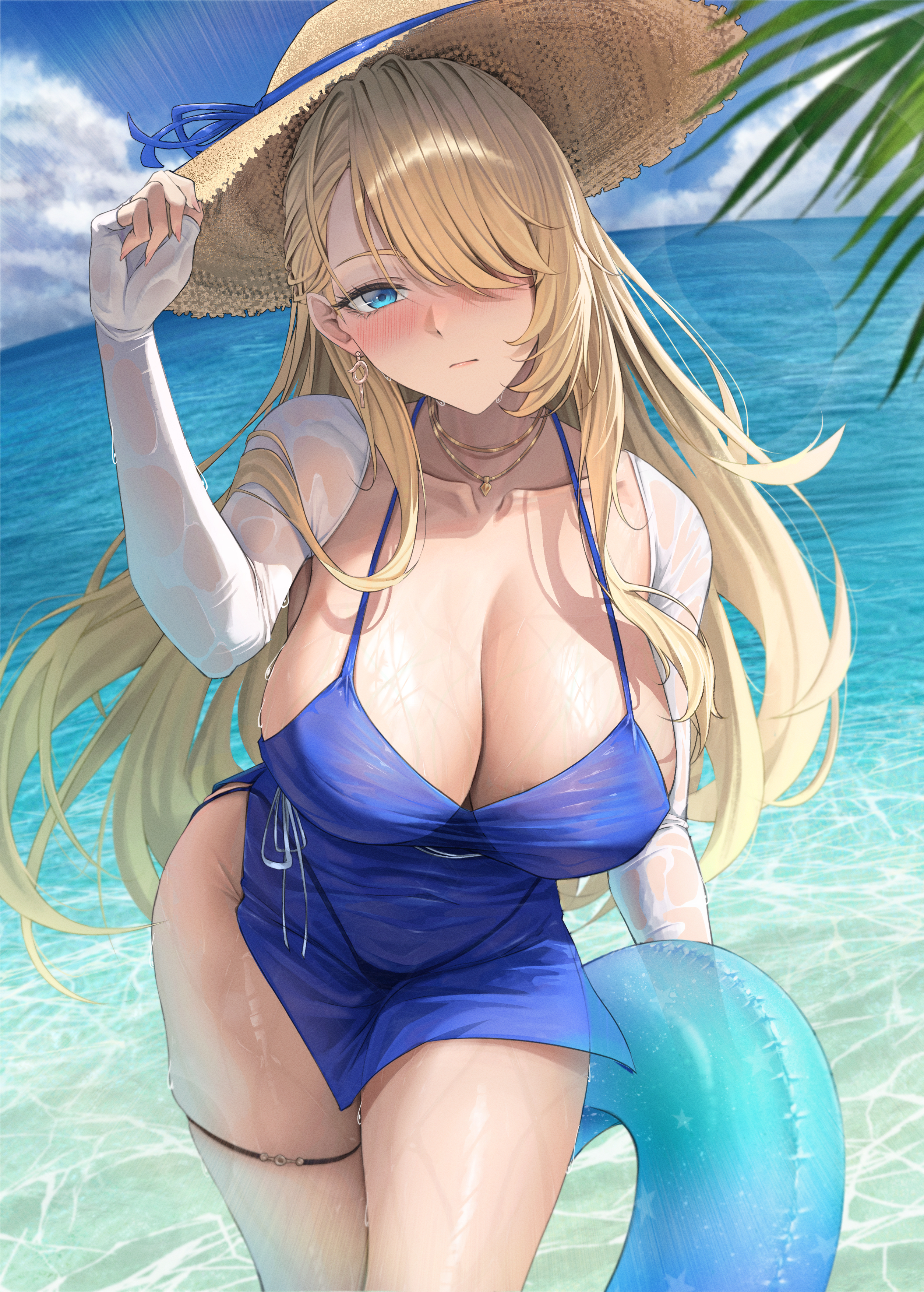 chco, wilhelmina (brown dust), wilhelmina (water park queen) (brown dust), brown dust (series), brown dust 2, absurdres, commentary, highres, 1girl, blonde hair, blue dress, blue eyes, blue sky, blush, breasts, cleavage, closed mouth, cowboy shot, day, dress, earrings, hair over one eye, hand on headwear, hat, innertube, jewelry, large breasts, lens flare, long hair, long sleeves, looking at viewer, necklace, ocean, official alternate costume, one eye covered, outdoors, palm leaf, shrug (clothing), skindentation, sky, solo, standing, straw hat, sun hat, swim ring, thigh strap, very long hair, water, water drop, wet