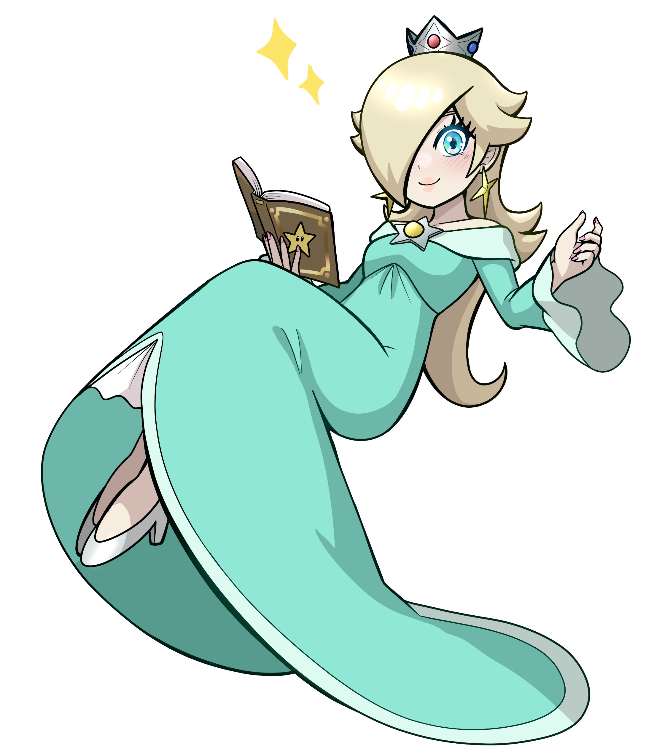 muis0802, rosalina, mario (series), nintendo, super mario galaxy, absurdres, commentary, derivative work, english commentary, highres, 1girl, blonde hair, blue eyes, book, brooch, closed mouth, crown, dress, earrings, eyelashes, full body, green dress, hair over one eye, high heels, holding, holding book, jewelry, long hair, long sleeves, looking at viewer, off-shoulder dress, off shoulder, open book, smile, solo, star (symbol), star brooch, star earrings, white background
