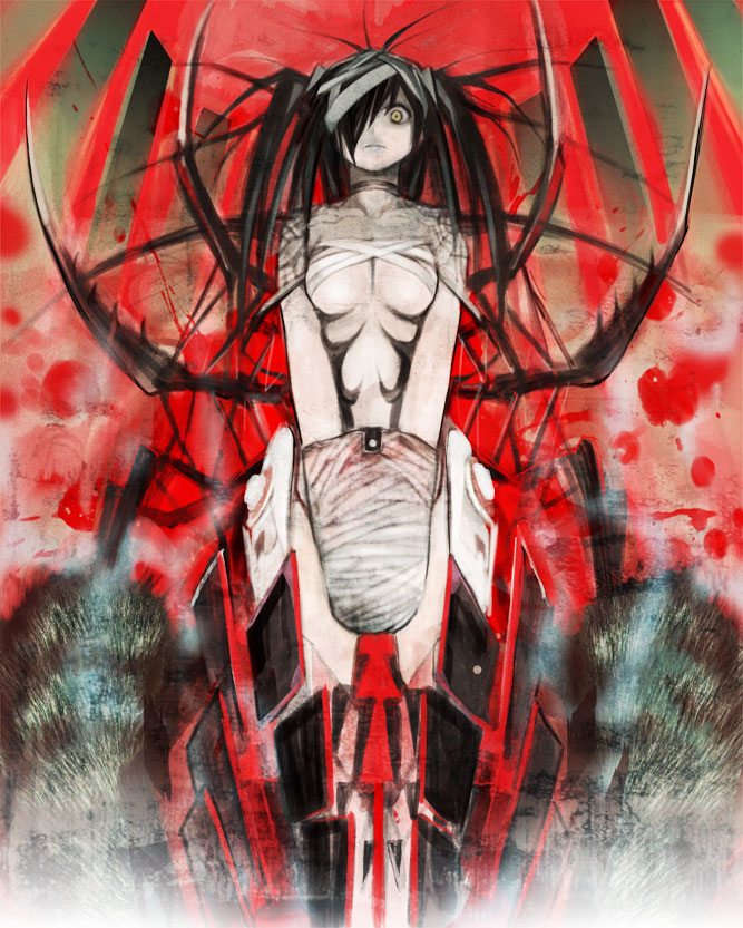 kodama yuuki, 1girl, bandages, bdsm, black hair, bondage, bound, breasts, female focus, long hair, pale skin, solo, underboob