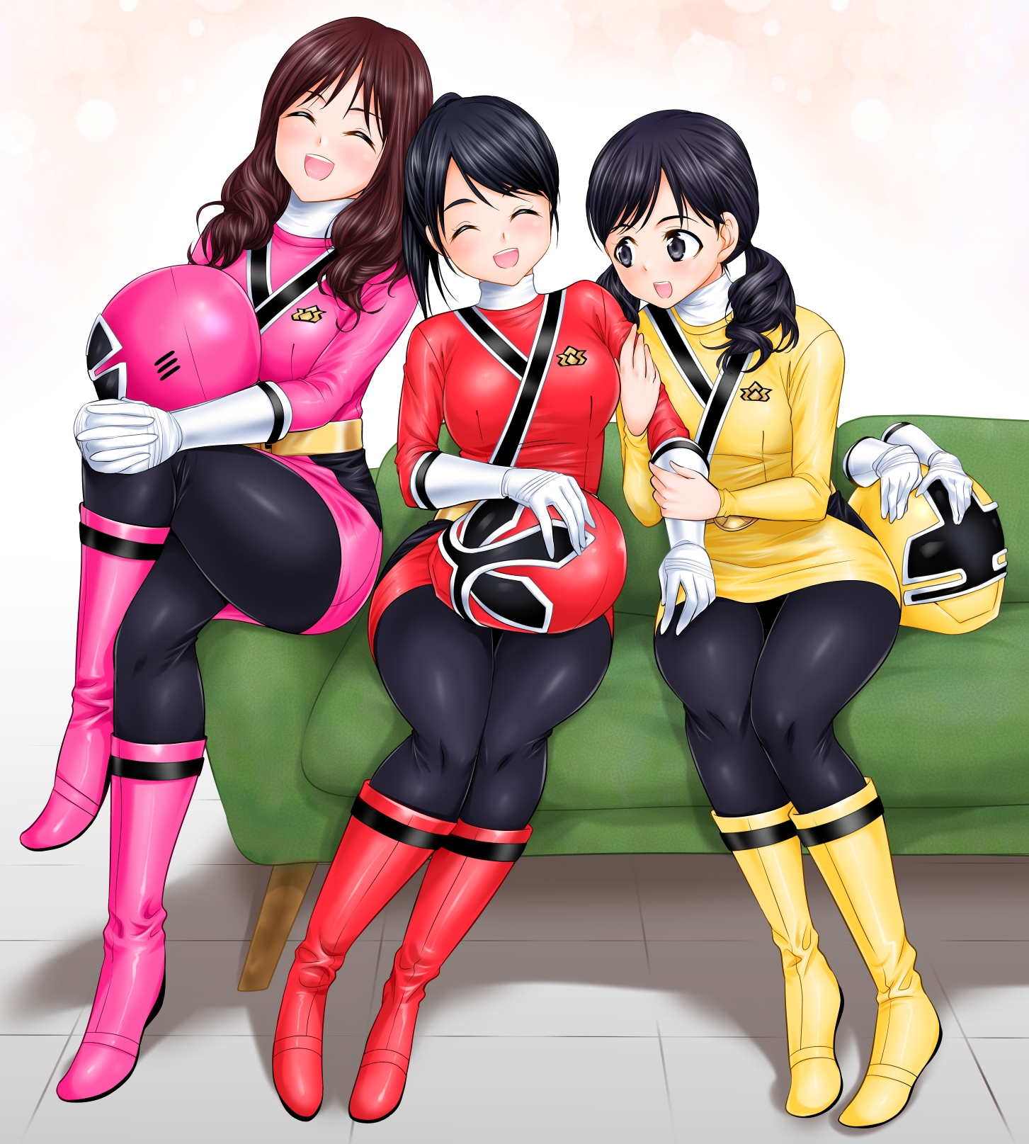 abe tsukumo, hanaori kotoha, shiba kaoru, shiraishi mako, samurai sentai shinkenger, super sentai, 3girls, black hair, bodysuit, brown hair, couch, grey eyes, helmet, holding, holding unworn helmet, multiple girls, unworn helmet