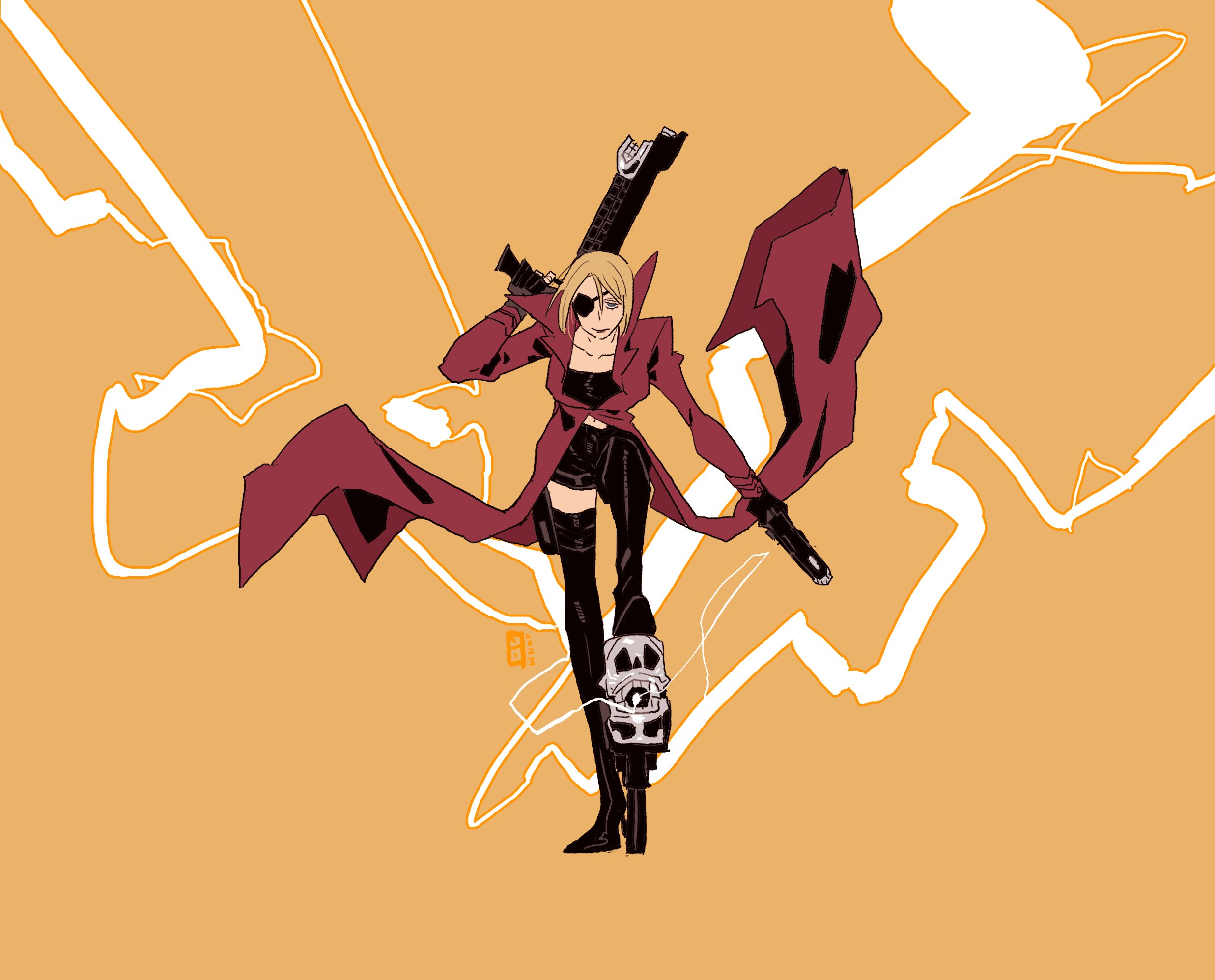 steelscarlet, character request, copyright request, highres, 1girl, black boots, blonde hair, boots, coat, electricity, eyepatch, full body, gun, high heels, holding, holding gun, holding weapon, red coat, short hair, smile, thigh boots, weapon