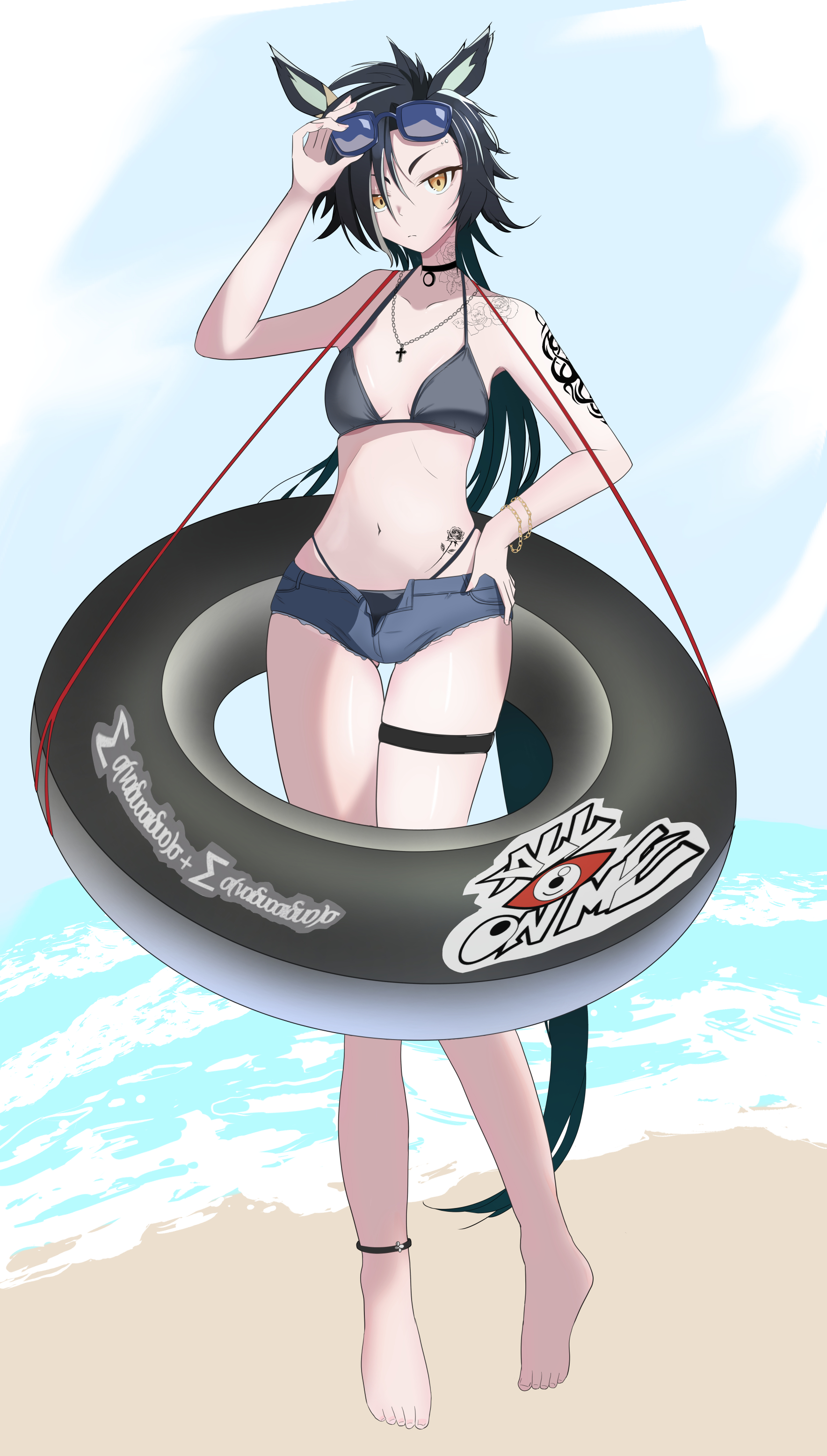 kei5469, air shakur (umamusume), umamusume, absurdres, highres, 1girl, alternate costume, animal ears, arm tattoo, bikini, black bikini, eyebrow piercing, face piercing, horse ears, horse girl, horse tail, navel, piercing, solo, swimsuit, tail, tattoo, tomboy