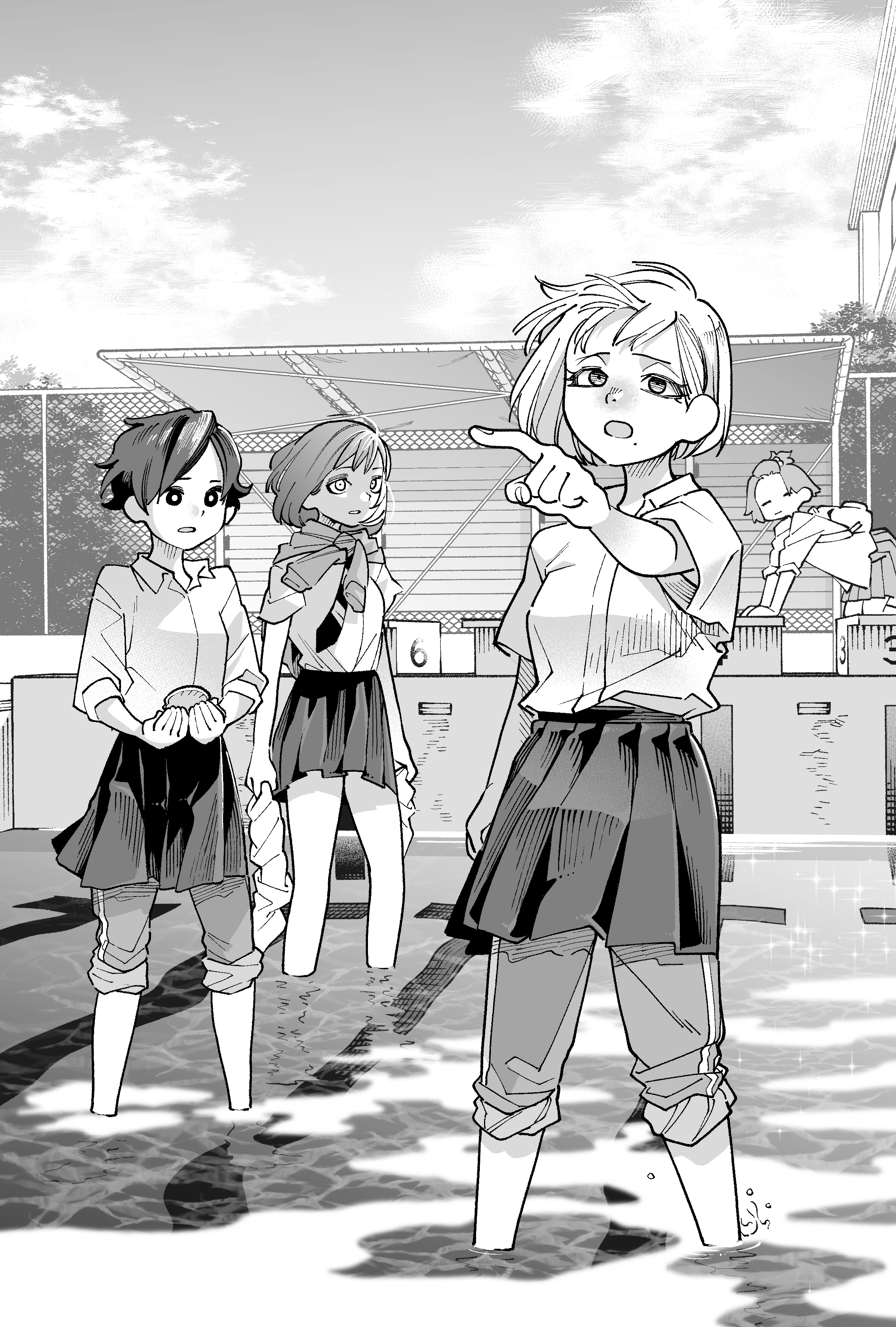 gavucchi, original, shingeki no kyojin, absurdres, commentary request, highres, 4girls, all fours, arm at side, arm up, backpack, bag, bangs pinned back, breasts, closed eyes, closed mouth, cloud, collared shirt, diving block, floating hair, furrowed brow, greyscale, hatching (texture), holding, holding shell, holding unworn clothes, jacket around neck, linear hatching, looking ahead, looking at another, miniskirt, mole, mole under mouth, monochrome, multiple girls, necktie, open collar, open mouth, outdoors, outstretched arm, pants, pants rolled up, pants under skirt, parody, parted bangs, parted lips, pleated skirt, pointing, pool, scene reference, school uniform, shell, shirt, short hair, short sleeves, skirt, sky, sleeves rolled up, small breasts, socks, standing, striped necktie, three-quarter sleeves, track pants, unworn socks, wading, water